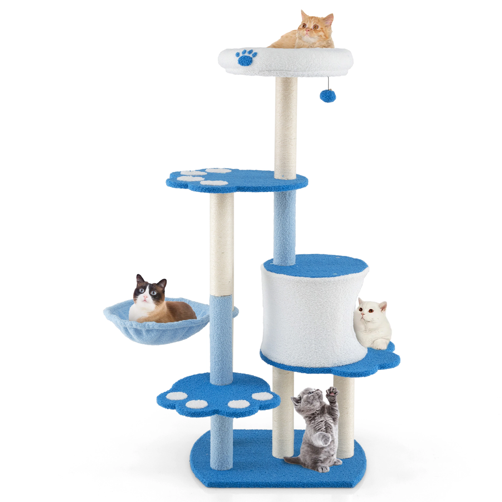 SUGIFT 54-in Tall Modern Cat Tree Tower with Condo, Hammock & Top Perch 22-lb Capacity White & Blue Teddy Plush Fabric