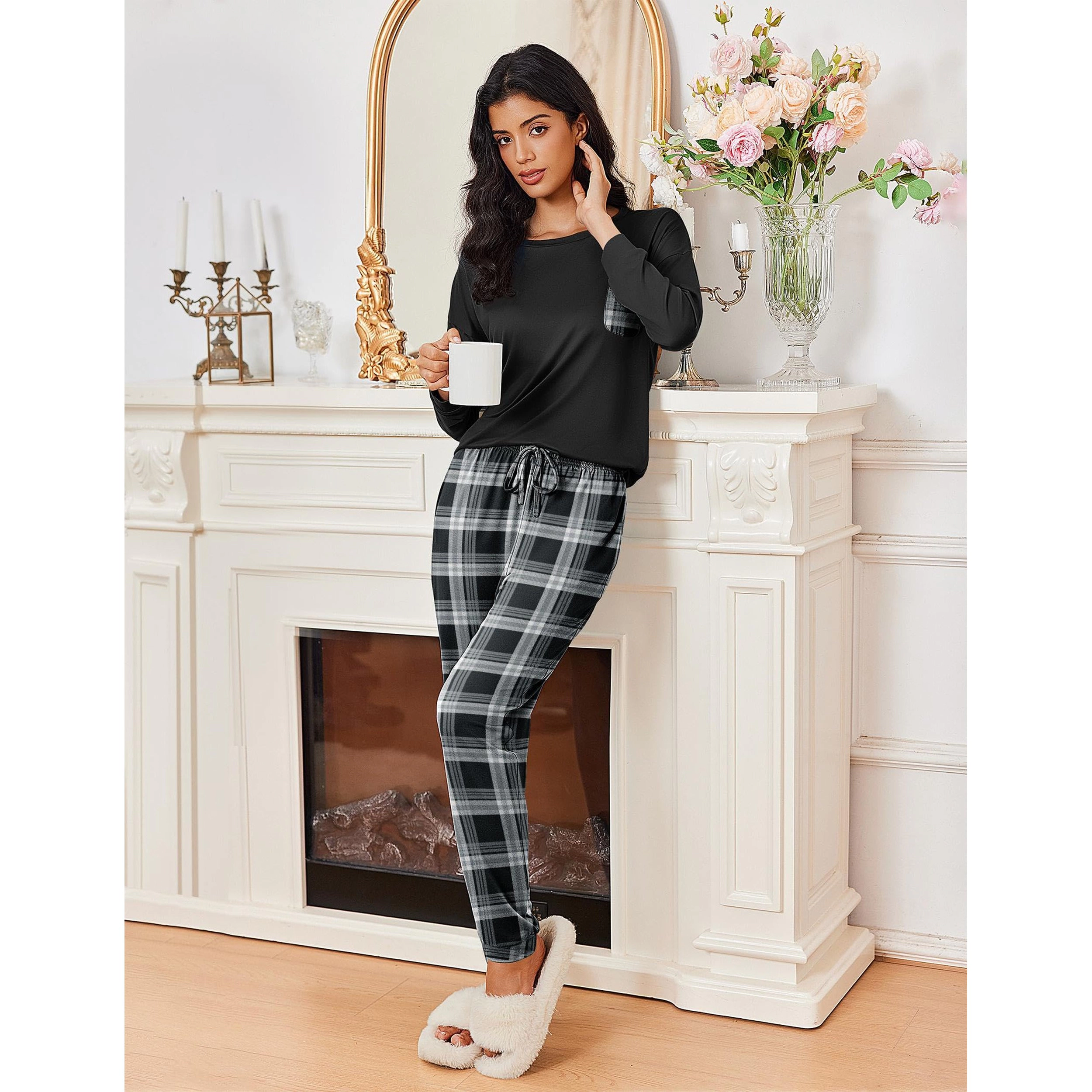 Ekouaer Womens Pajamas Set Jogger Lounge Sets Soft Long Sleeve Plaid Pant with Pockets