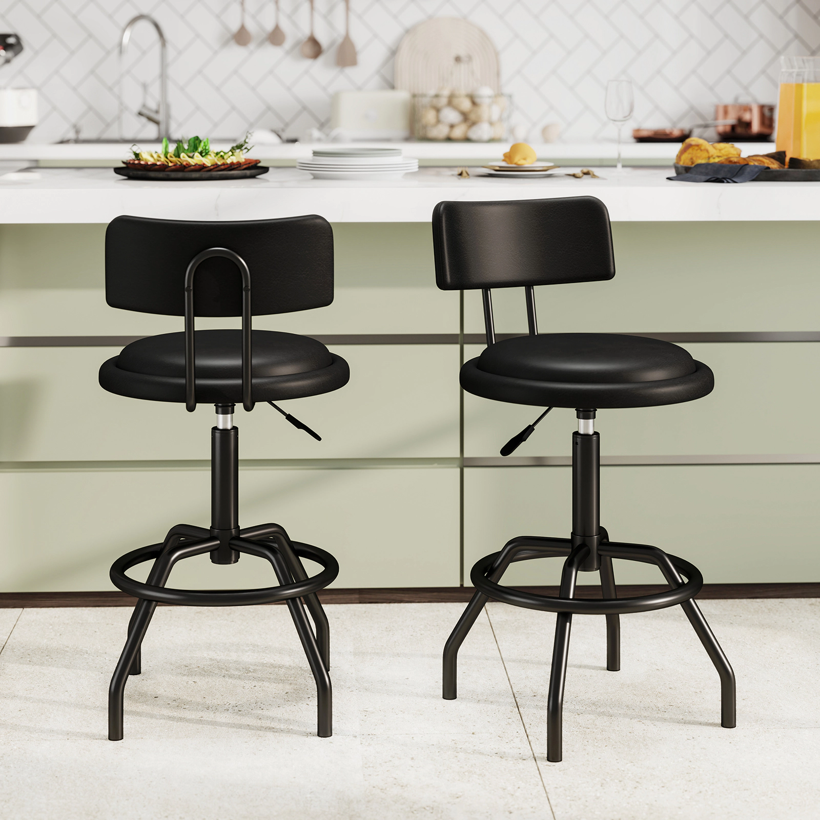 SUGIFT 360° Swivel Adjustable Counter Height Bar Stool with Padded Seat and Back 330-Lb Capacity Black Set of 2