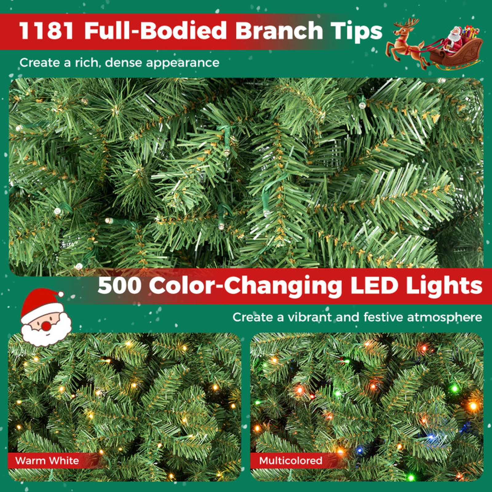 SUGIFT 7-ft Green Pre-Lit Artificial Christmas Tree with 500 LED Lights 1181 Tips Remote and 9 Light Modes