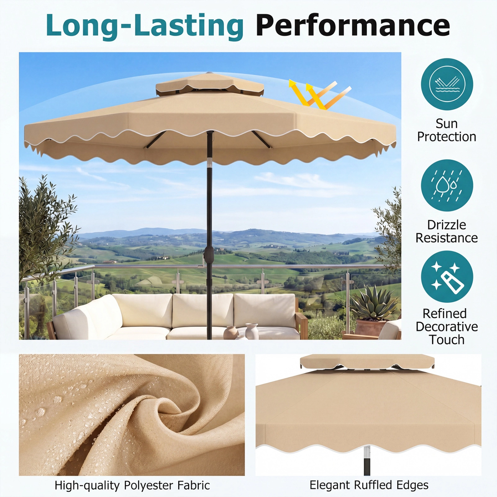 SUGIFT 10-ft Beige Round Market Patio Umbrella, Scalloped Canopy, Vented Double Top, 8 Ribs