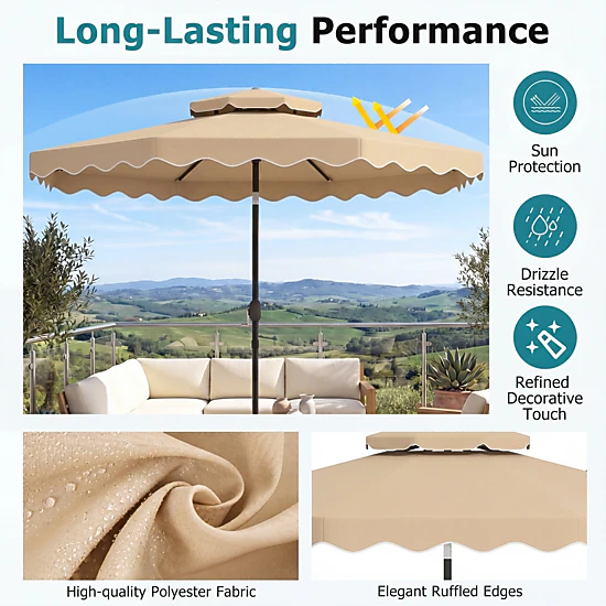 SUGIFT 10-ft Beige Round Market Patio Umbrella, Scalloped Canopy, Vented Double Top, 8 Ribs