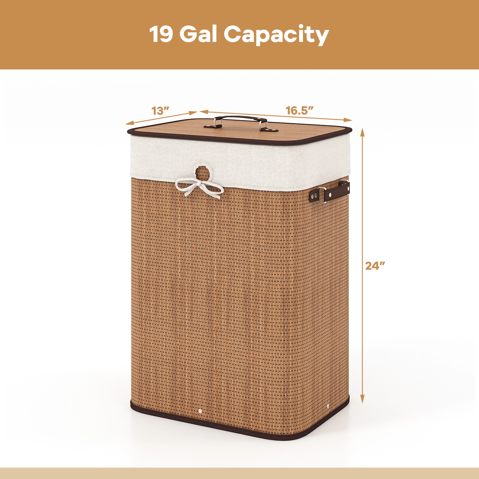 SUGIFT Natural 19-gal Rectangle Bamboo Laundry Basket Clothes Hamper with Lid PU Handles and Liner