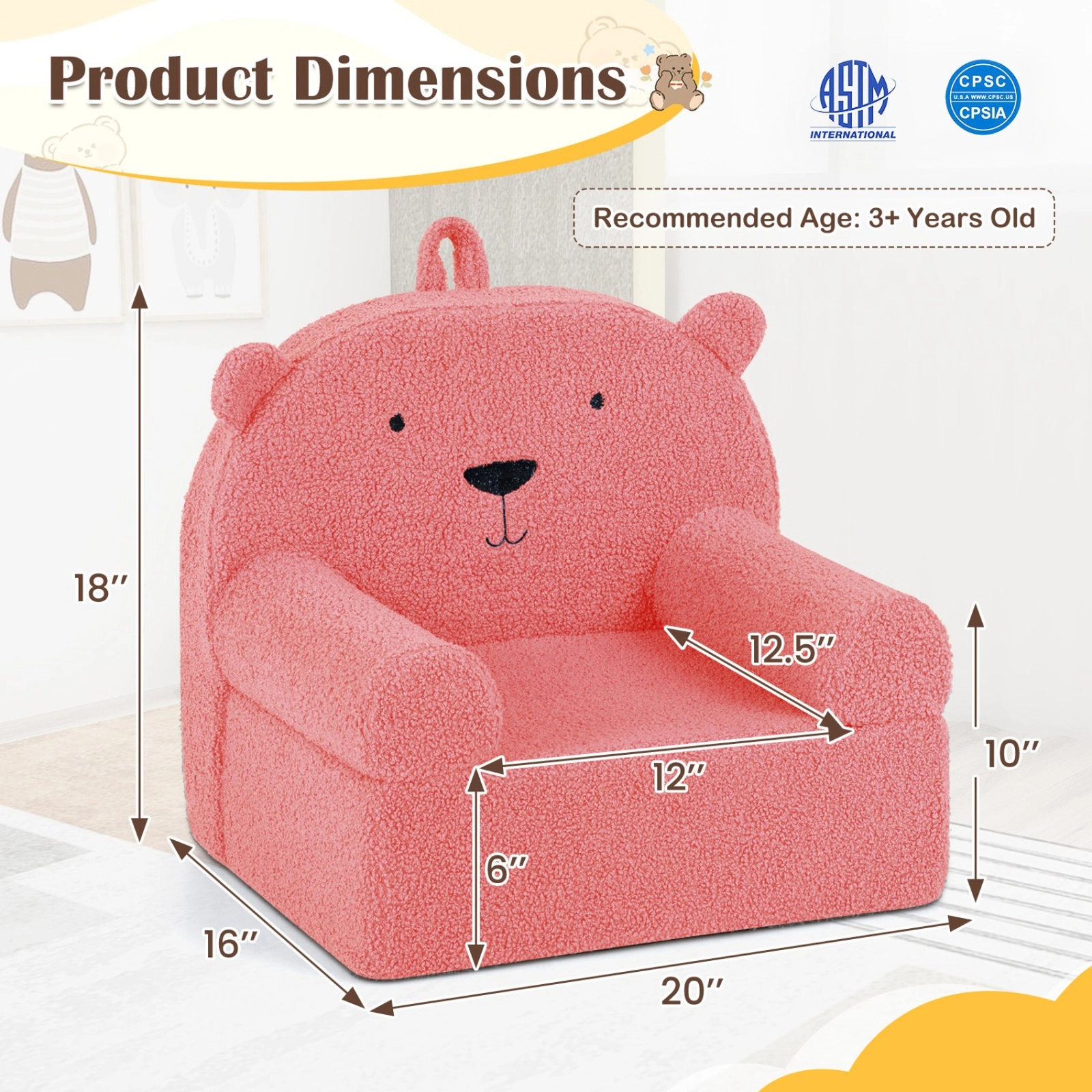 SUGIFT Pink Soft Teddy Fleece Cover Kids Bear Foam Couch Toddler Armchair