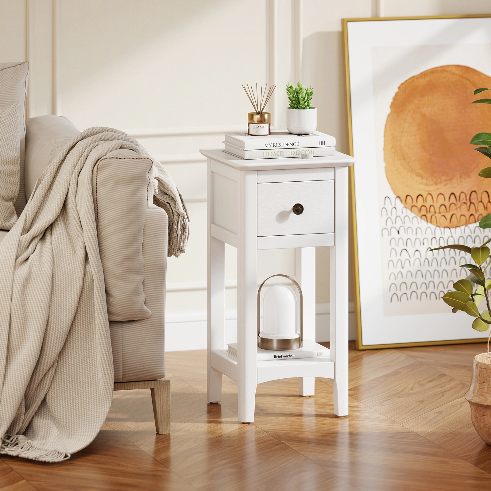 SUGIFT 3-Tier Nightstand with Drawer and Open Storage Shelf 44-lb Bottom Shelf Capacity White