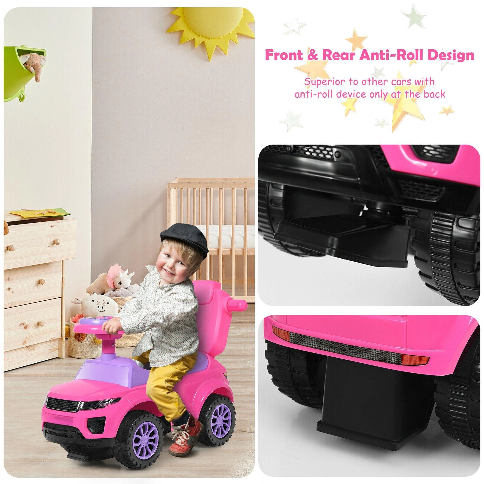 SUGIFT Pink Toddler 3-in-1 Ride-On Push Car Stroller with Music and Storage 35-in W 33-in H 55-lb Rider