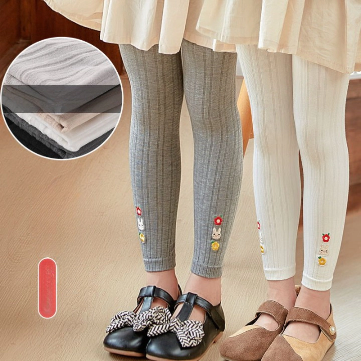 MyKids-USA Baby Girl Embroidered Pattern Solid Color Soft Cotton Leggings