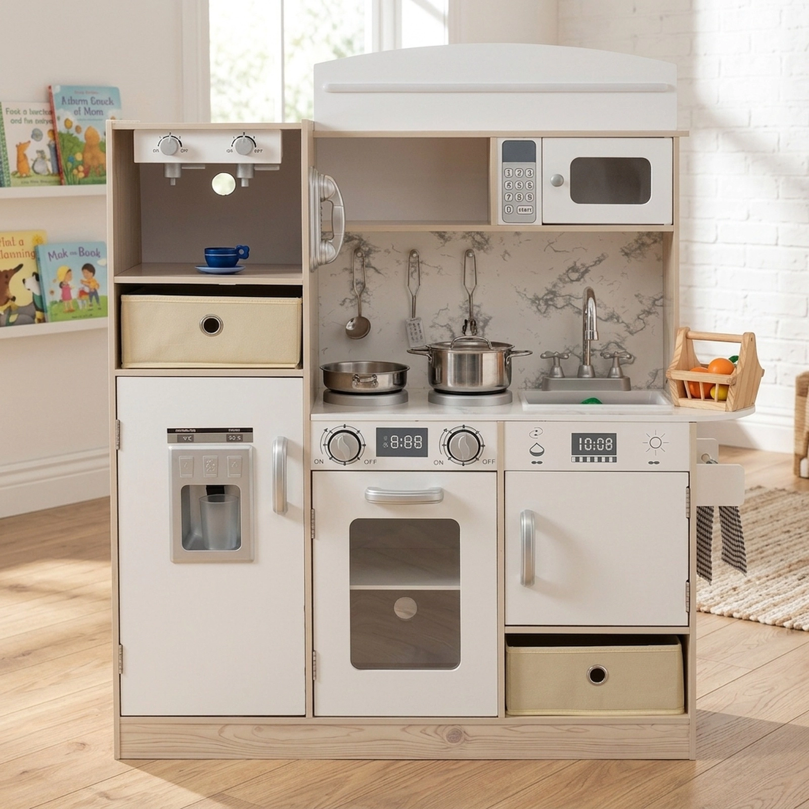 Kids Kitchen Playset Remote LED Lights Toy Coffee Maker Ice Maker Fabric Bins 35.5-in x 11.5-in x 35.5-in White