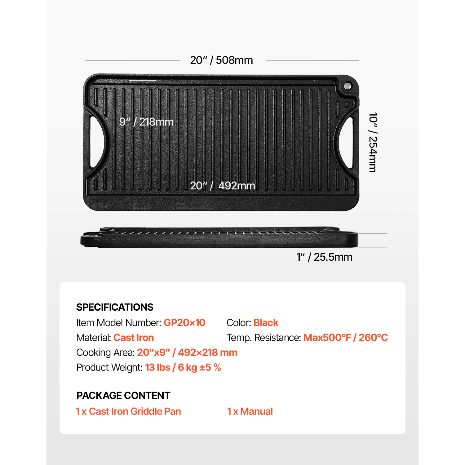 HONGGE Reversible Grill/Griddle Pre-Seasoned Cast Iron Griddle Portable Rectangular Pan with Handle Family Cookware for