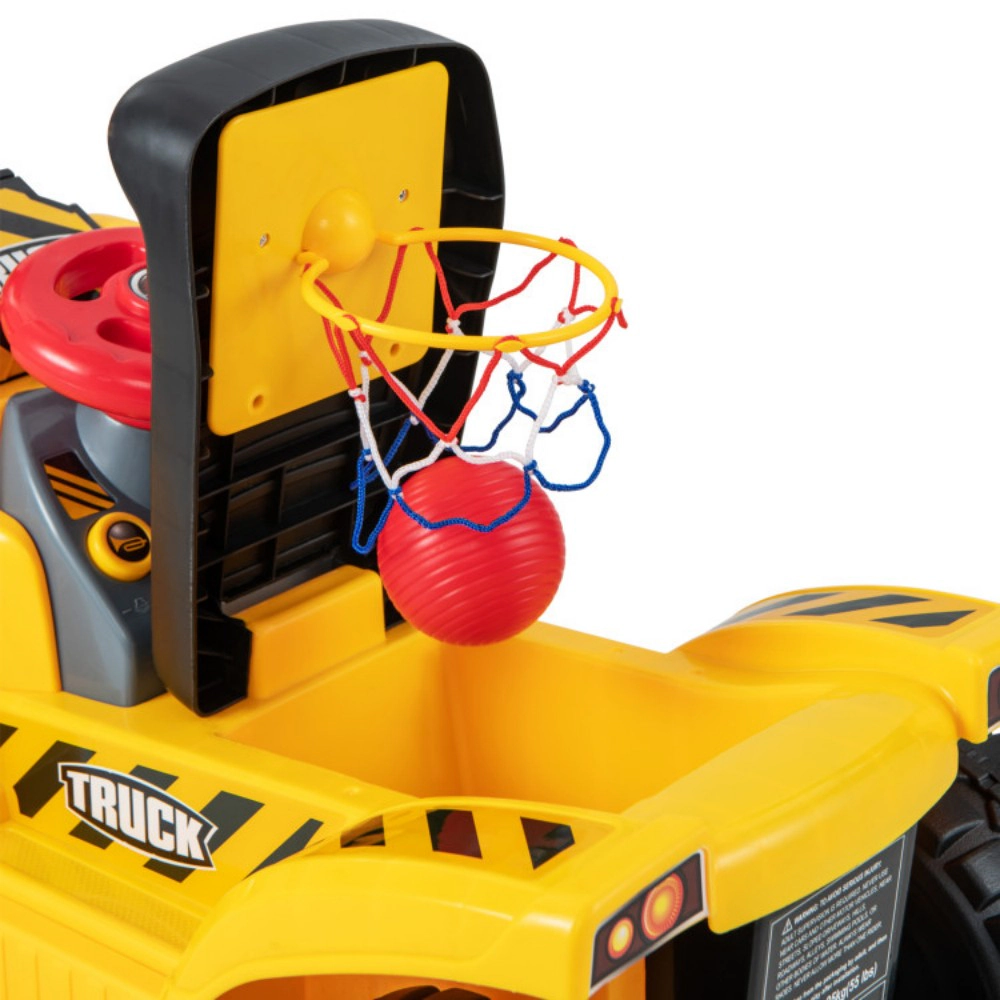 SUGIFT Yellow Folding Basketball Hoop Horn and Storage Kids 6V Ride On Excavator Digger