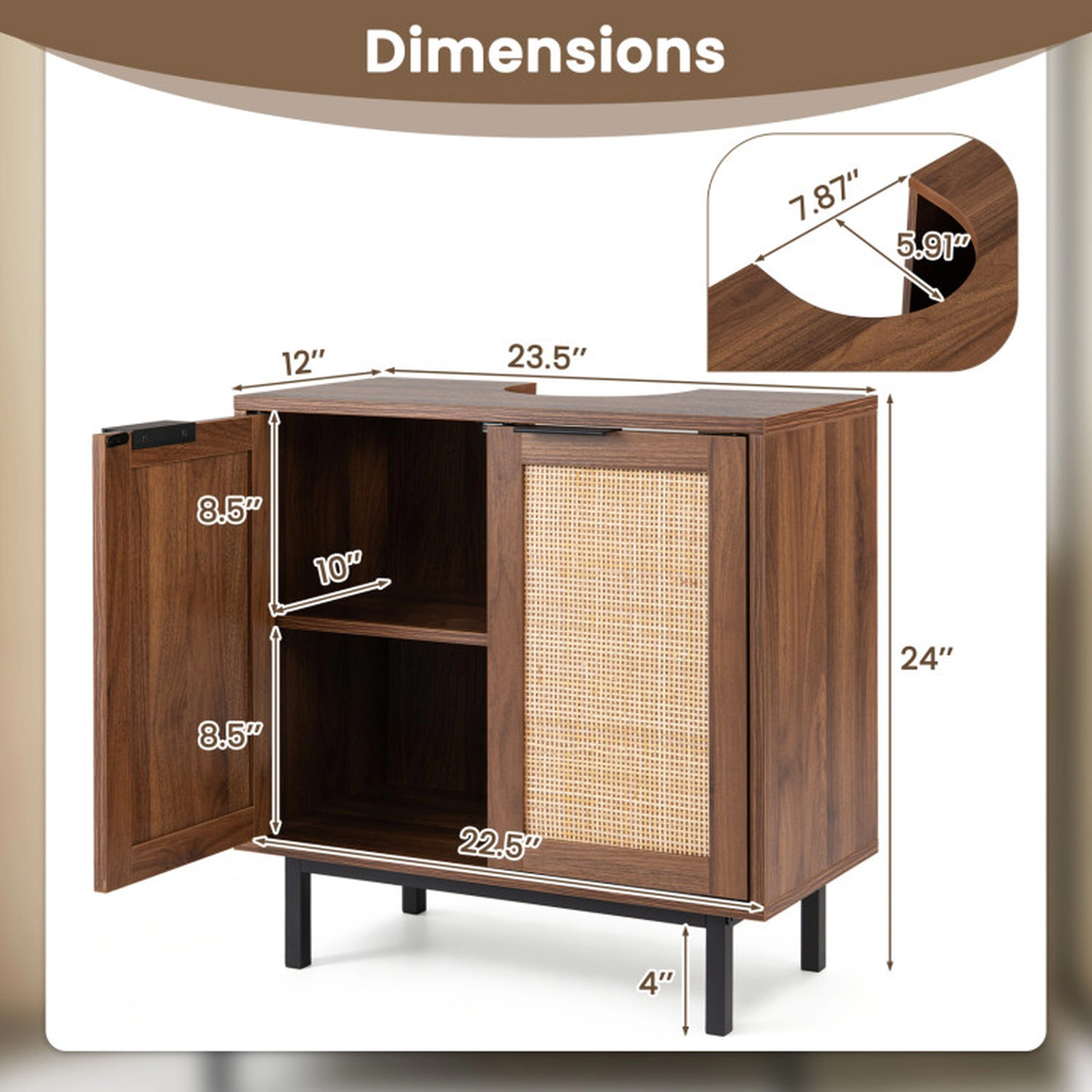 SUGIFT Bathroom Vanity Cabinet with U-Shaped Cut-Out 2 Rattan Doors and Inner Shelf 66-lb Capacity Brown/Natural/White