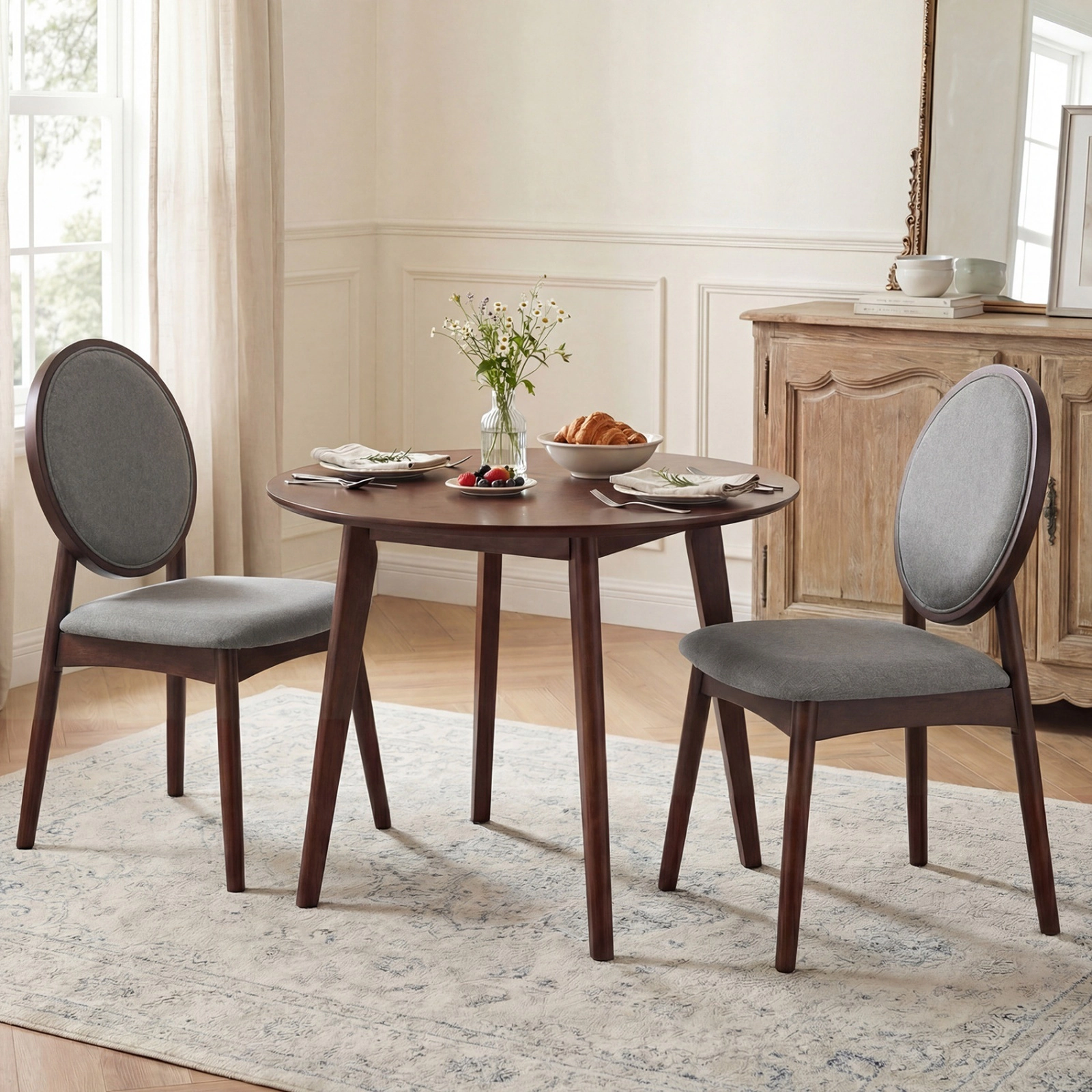 SUGIFT Set of 2 Gray Linen Padded Dining Chairs, 17.5-in Seat, Rubber Wood Legs