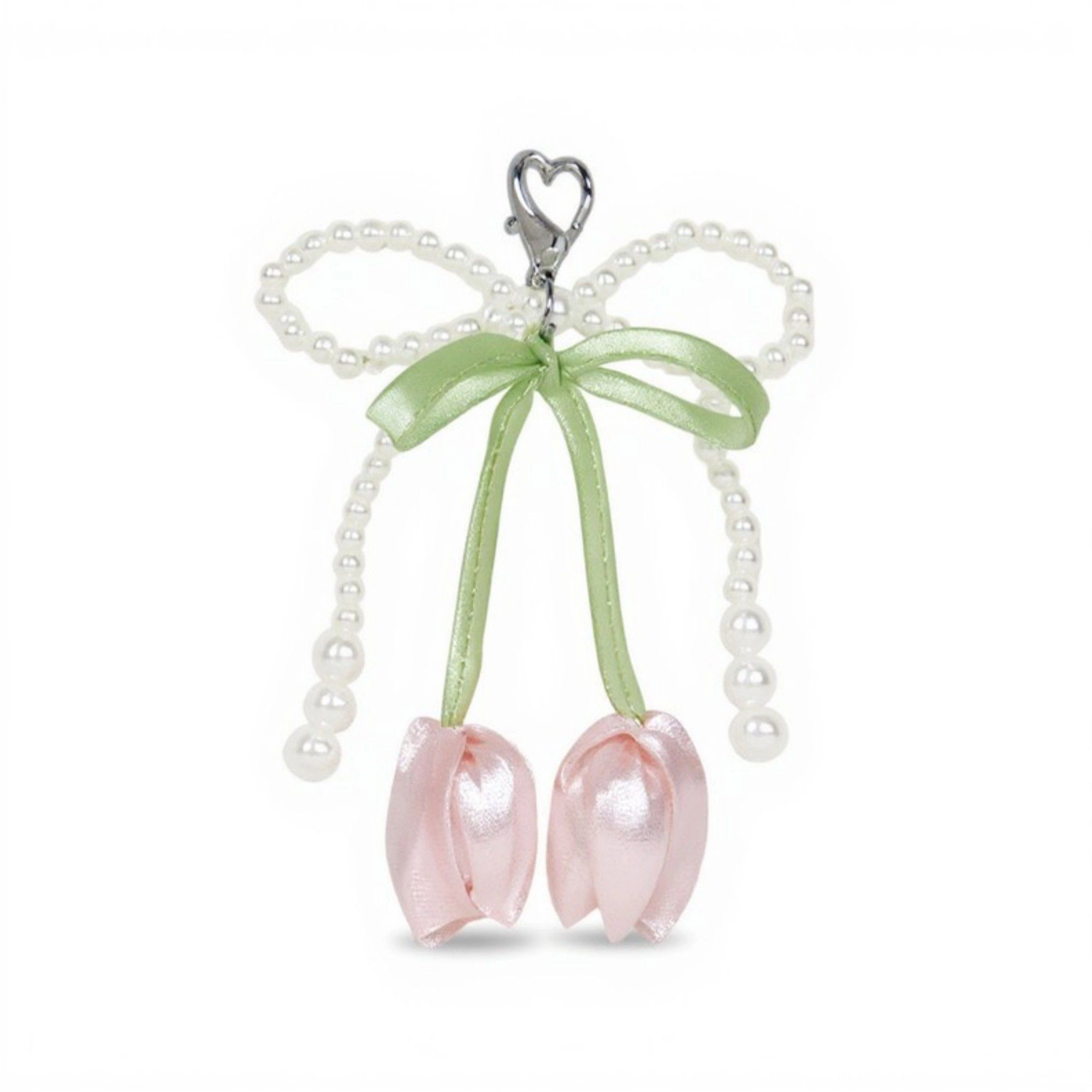Alilang Women's Pearl Bow Keychain with Satin Tulip Charms and Ribbon Accent