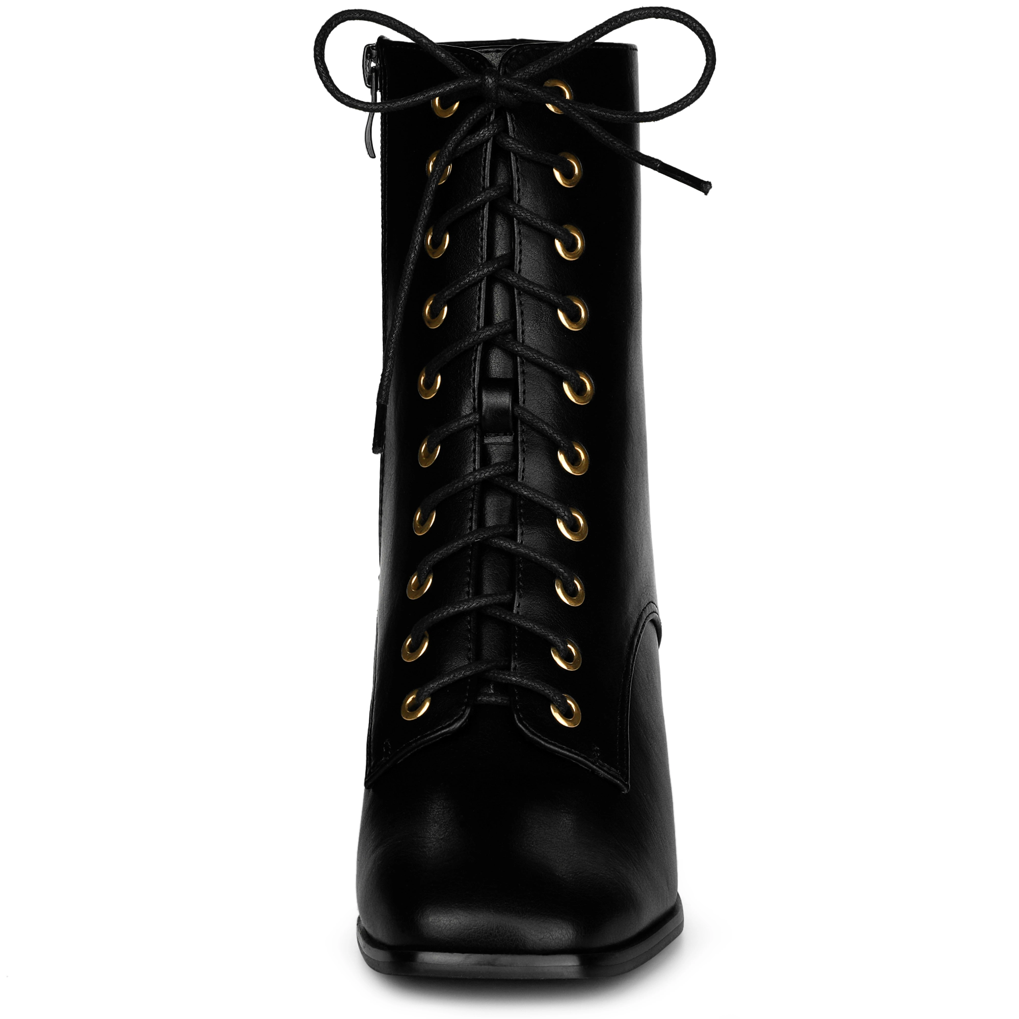 BLISSFUL STEP Women Lace Up Square Toe Chunky Heels Ankle Combat Boots