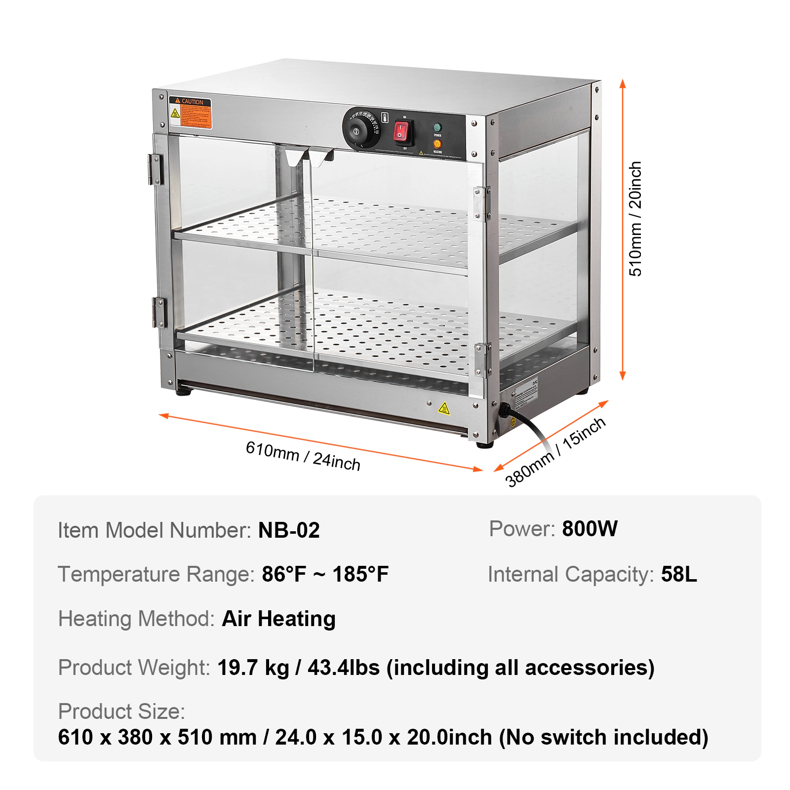 HONGGE Commercial Food Warmer Display 800W Food Display Warmer with Light to Enhance Food Display 86℉~185℉ Temperature