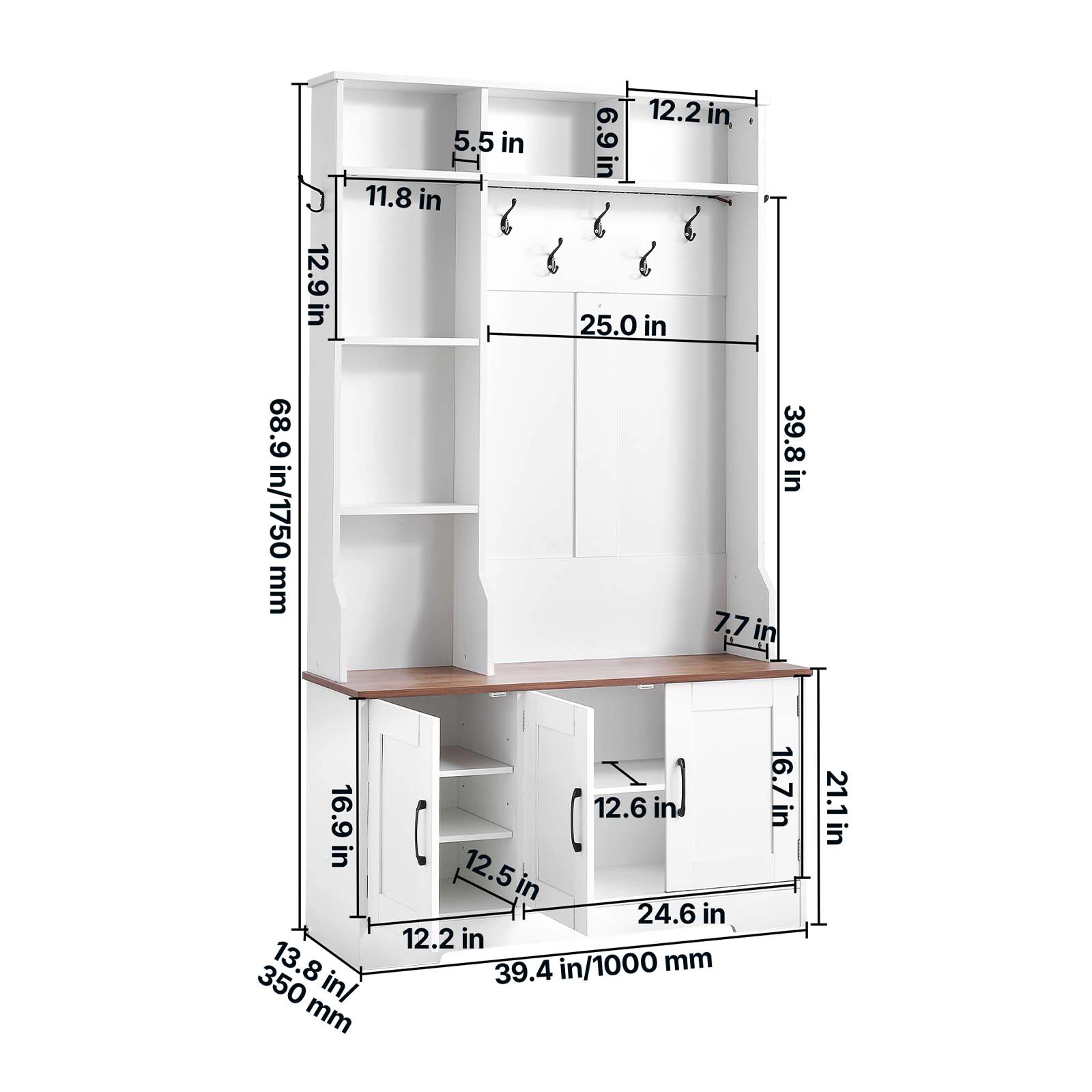 HONGGE 39 Inch Hall Tree with Bench and Shoe Storage, Entryway Organizer with Hooks, Shelves, LED Light, White