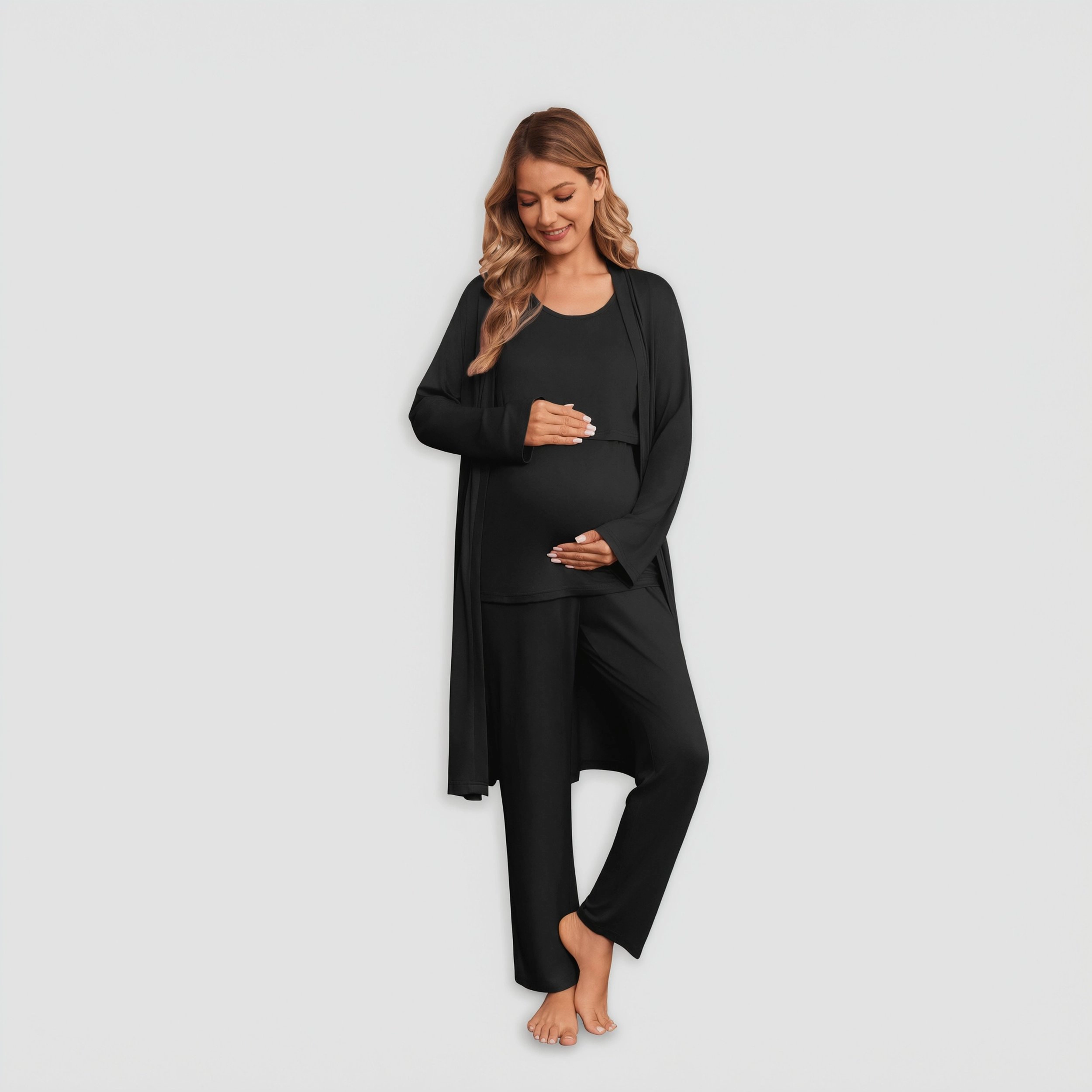 Ekouaer Nursing Pajamas Maternity Robe Set Three Pieces Pajama Pregnancy Breastfeeding Pj