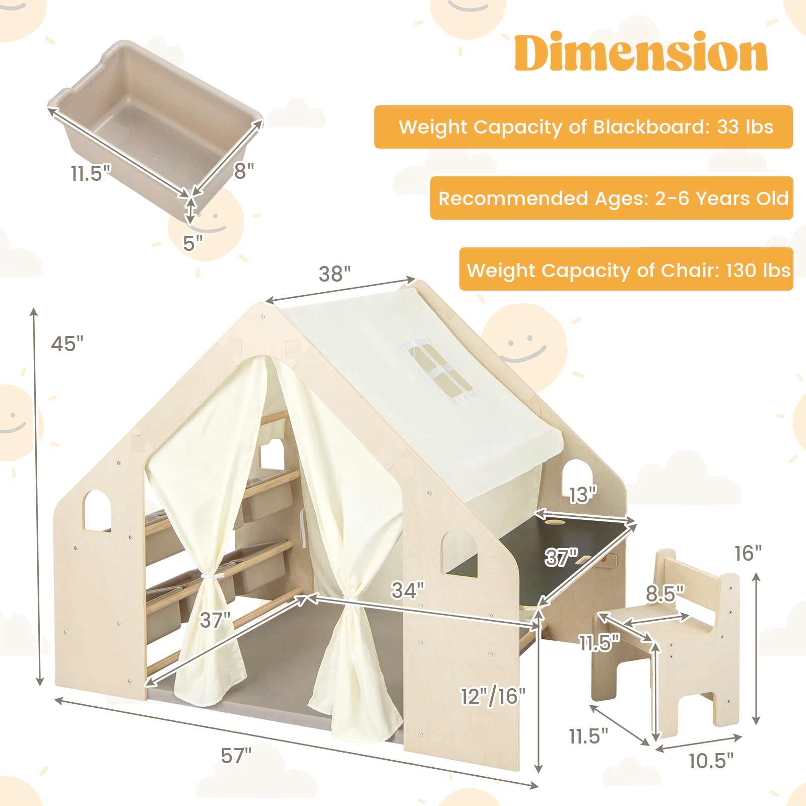 SUGIFT Beige Blackboard 6 Storage Bins Table and Chair 6-in-1 Kids Play Tent Playhouse