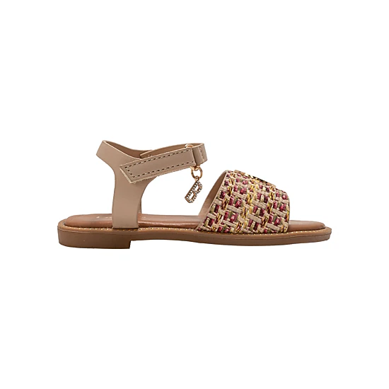 bebe Girl's Fashion Sandals - Dressy Shoes with Raffia Upper and Logo Medallion Accent