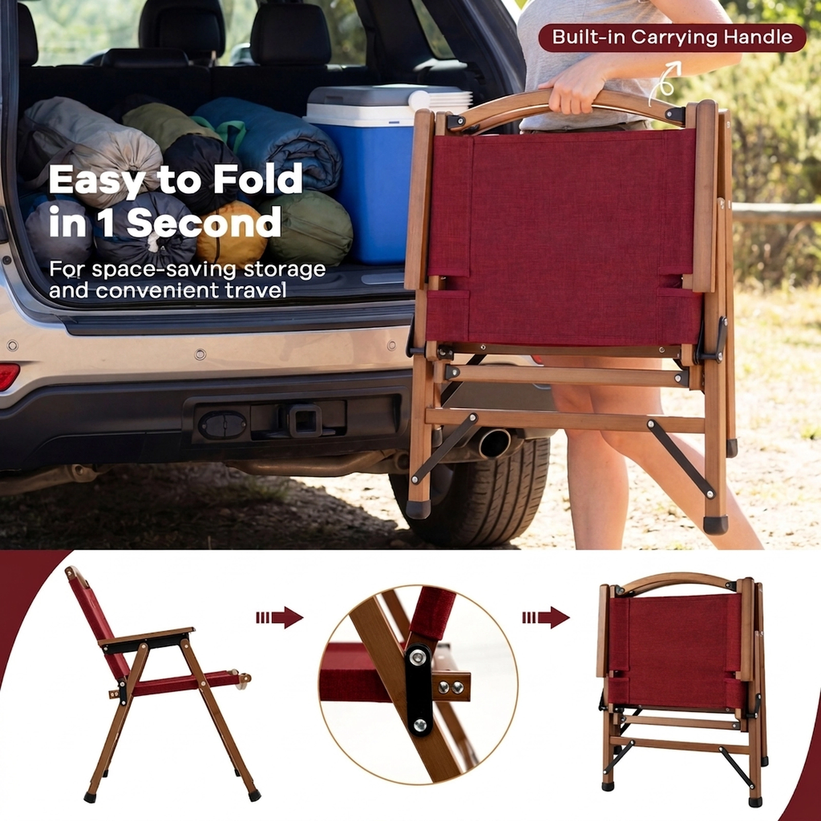 SUGIFT Set of 2 Red Folding Camping Chairs with Bamboo Frame 21.5-in W 22-in D 28-in H 330-lb Per Seat