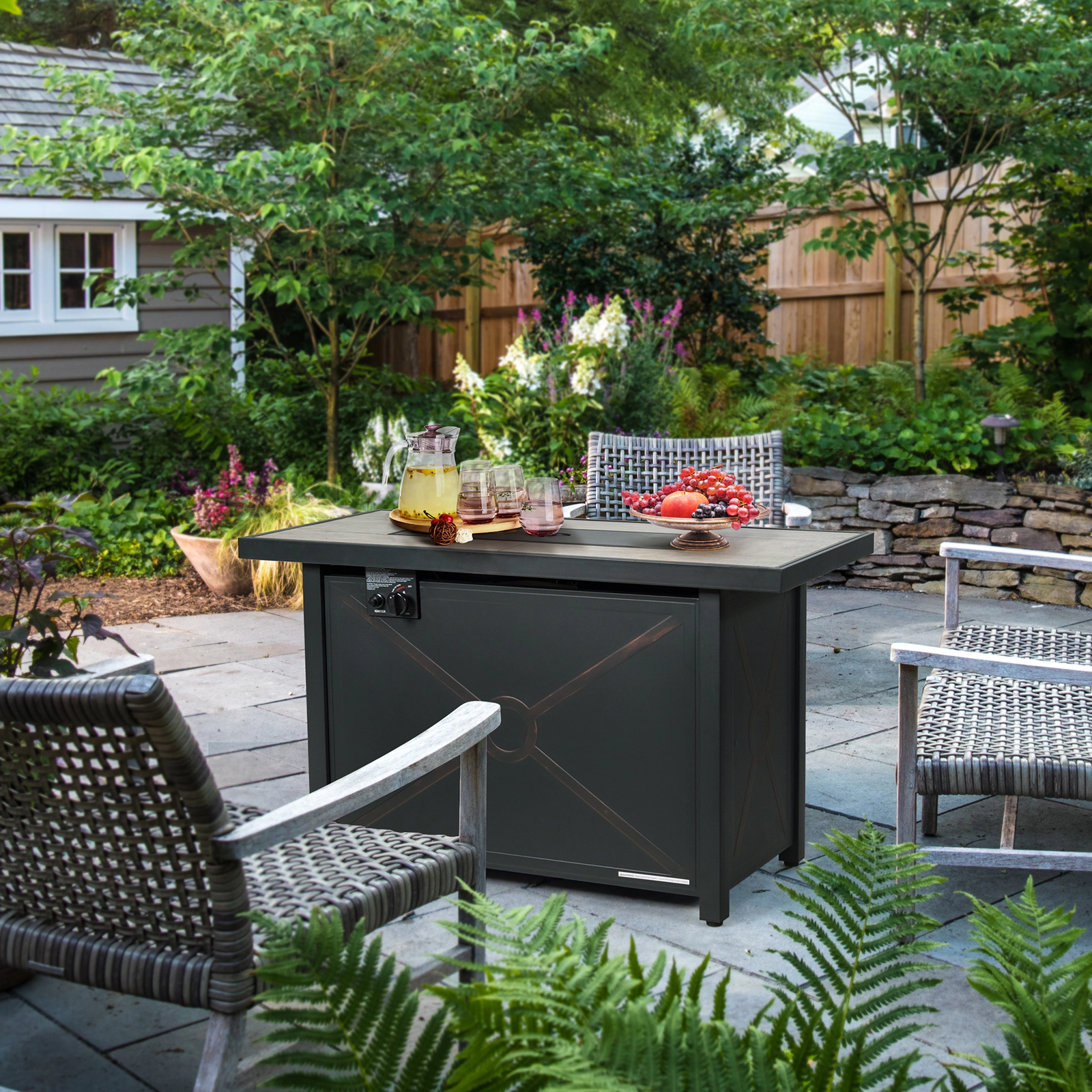 SUGIFT Black Rectangular Propane Fire Pit Table with Ceramic Tabletop 42-in W 20-in D 25-in H 60000-BTU Output