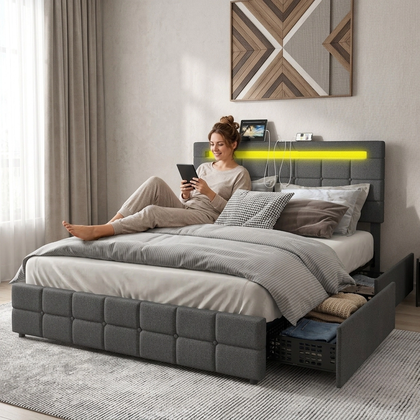 Full Size Upholstered LED Bed Frame with 4 Rolling Drawers Button Tufted Adjustable Headboard Gray