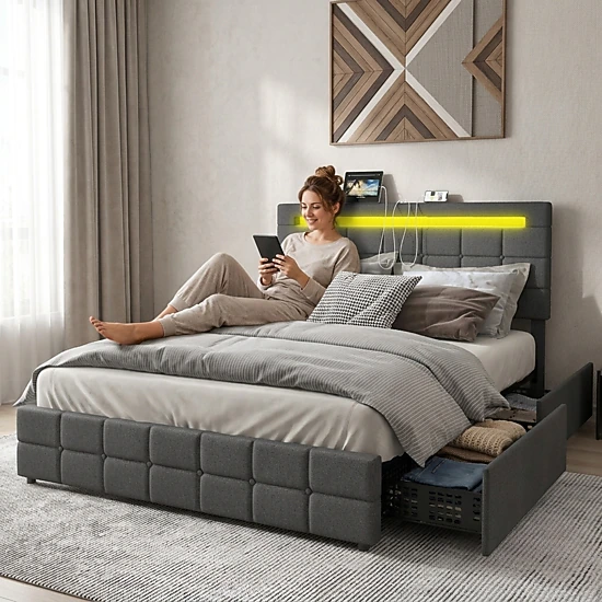 Full Size Upholstered LED Bed Frame with 4 Rolling Drawers Button Tufted Adjustable Headboard Gray