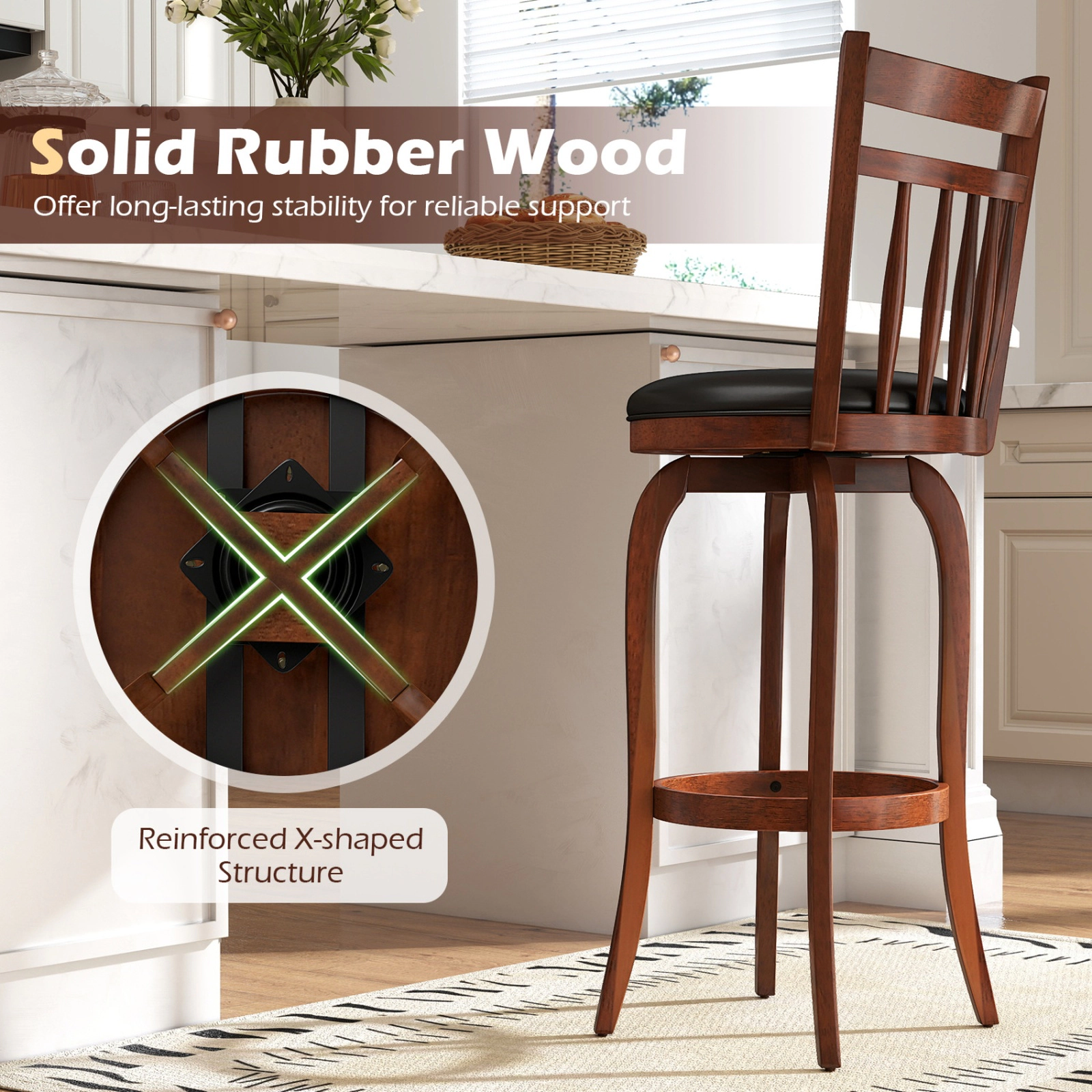 SUGIFT Set of 2 24-Inch Counter-Height Swivel Stools, Faux Leather, Curved Back, Footrest