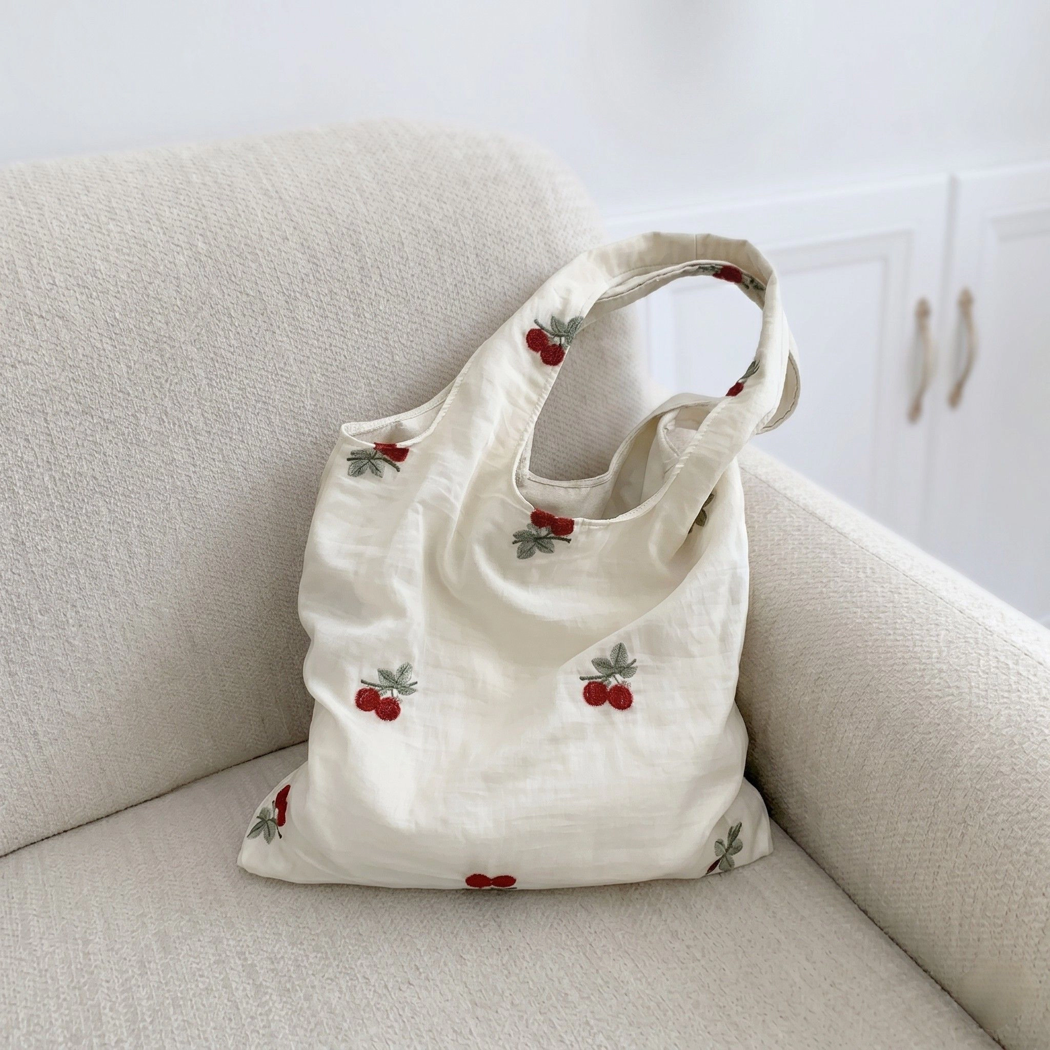 Alilang Women's Cherry Embroidered Slouchy Shoulder Tote Bag Soft Lightweight Fabric Everyday Carryall86