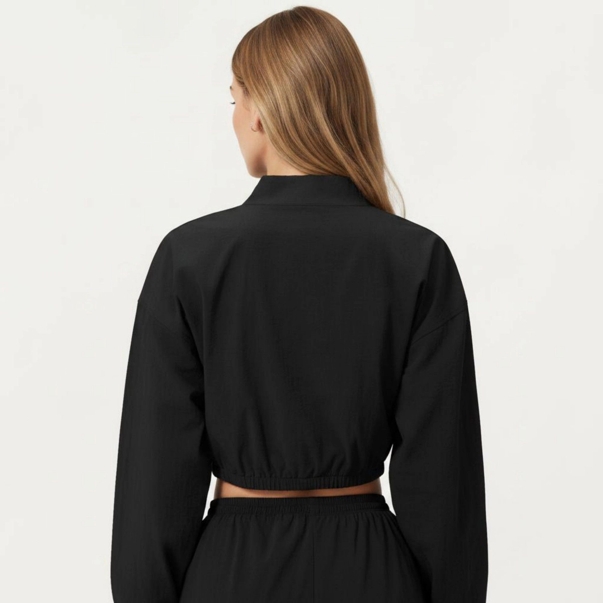 Anna-Kaci Women's Cropped Zip Front Jacket with Elastic Hem and Long Sleeves