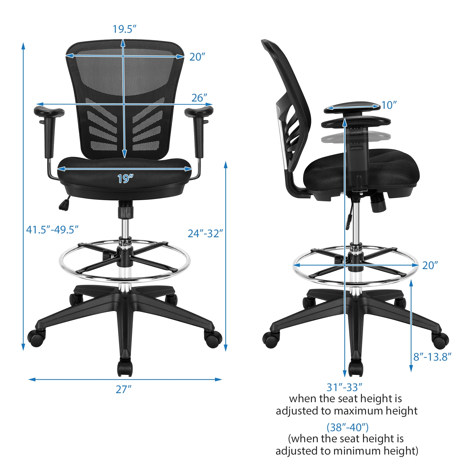 SUGIFT 330-lb Capacity Black Mesh Tall Drafting Chair with Adjustable Armrests and 18-in Footrest Ring
