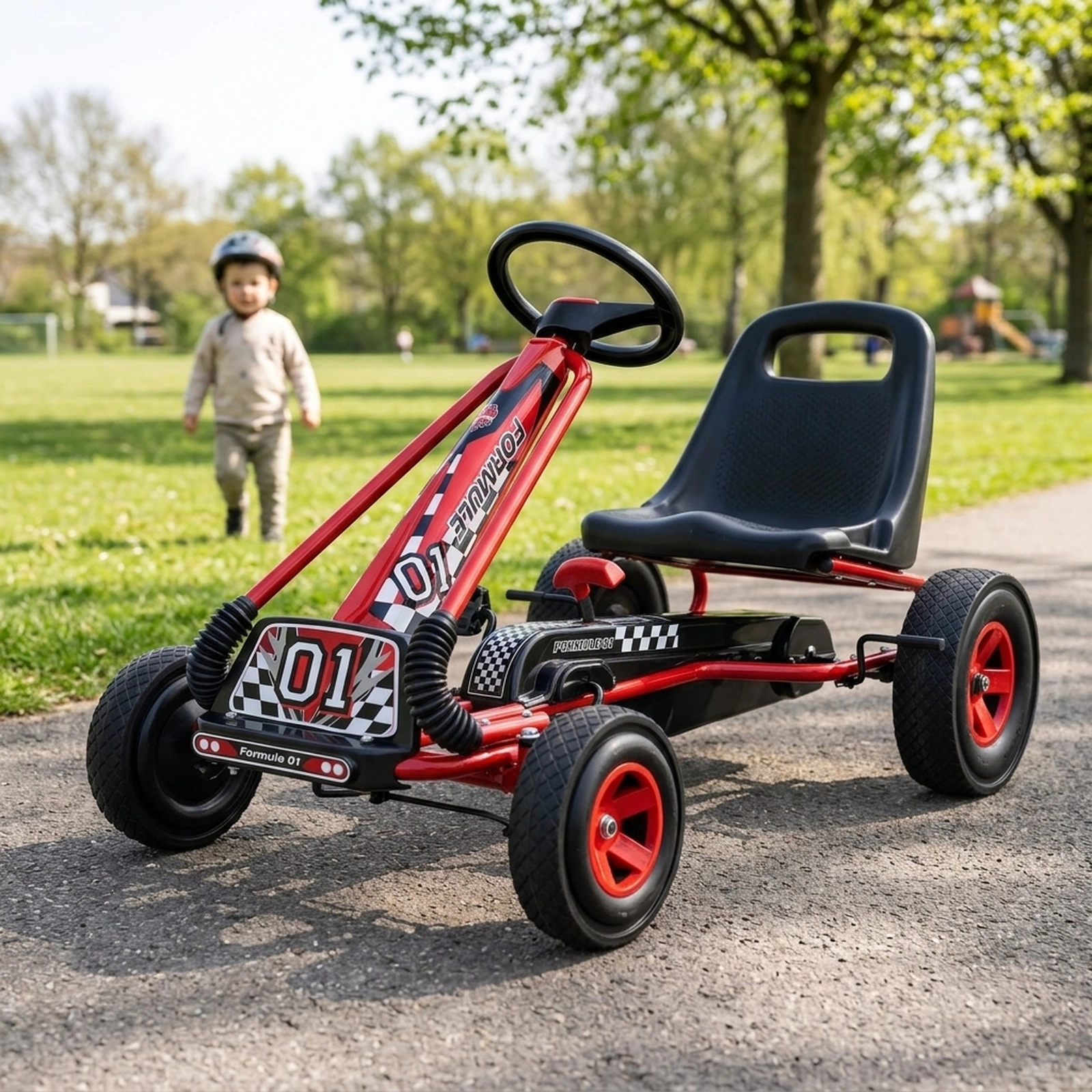 4-Wheel Pedal Go Kart for Ages 3-8 with Low Seat High Backrest and 3-Point Steering Wheel Indoor Outdoor Racer Pedal Car