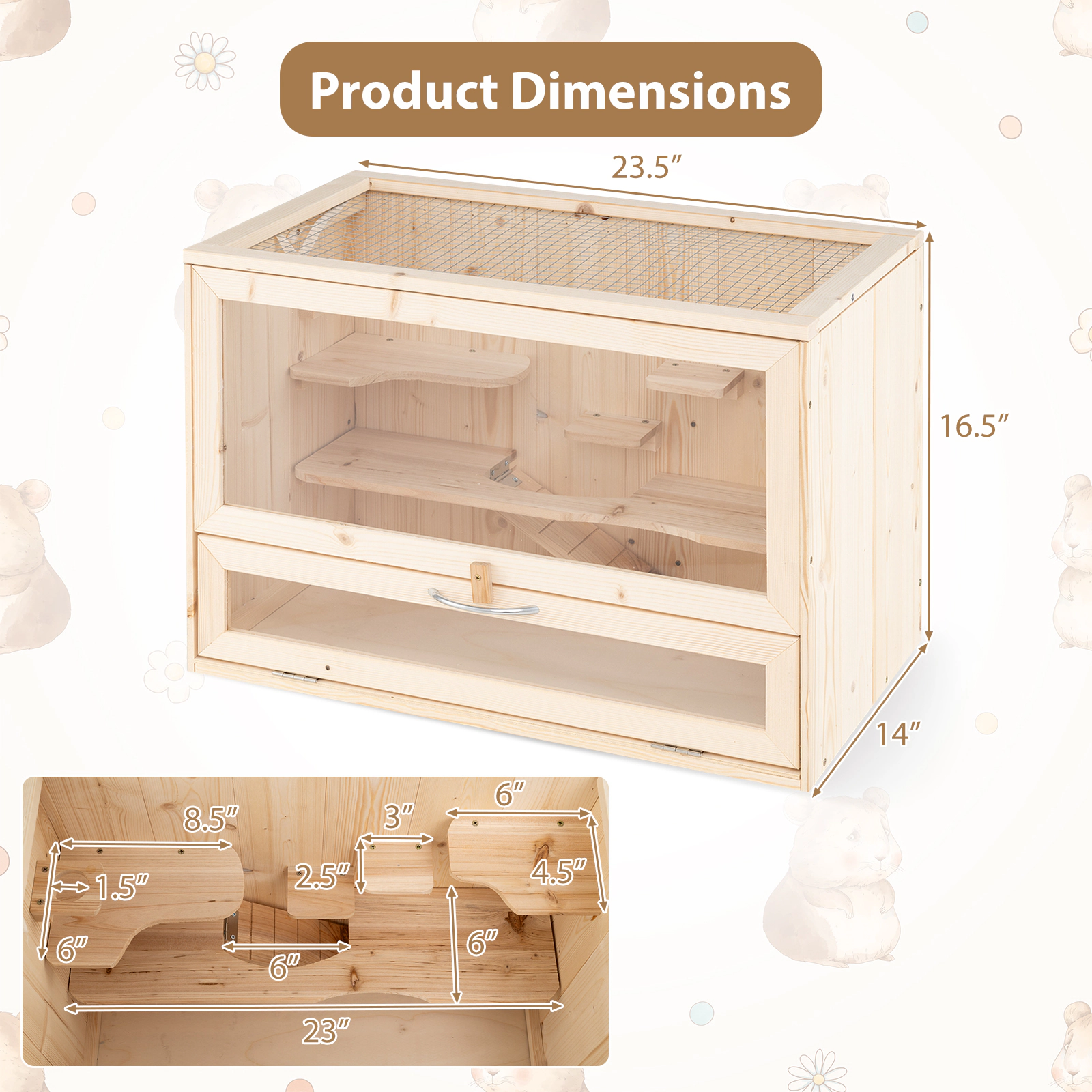 23.5-in Wooden Hamster Cage Mesh Flip Roof Fir Wood and Acrylic Small Animal Habitat Ladder Shelf Storage Rack Natural