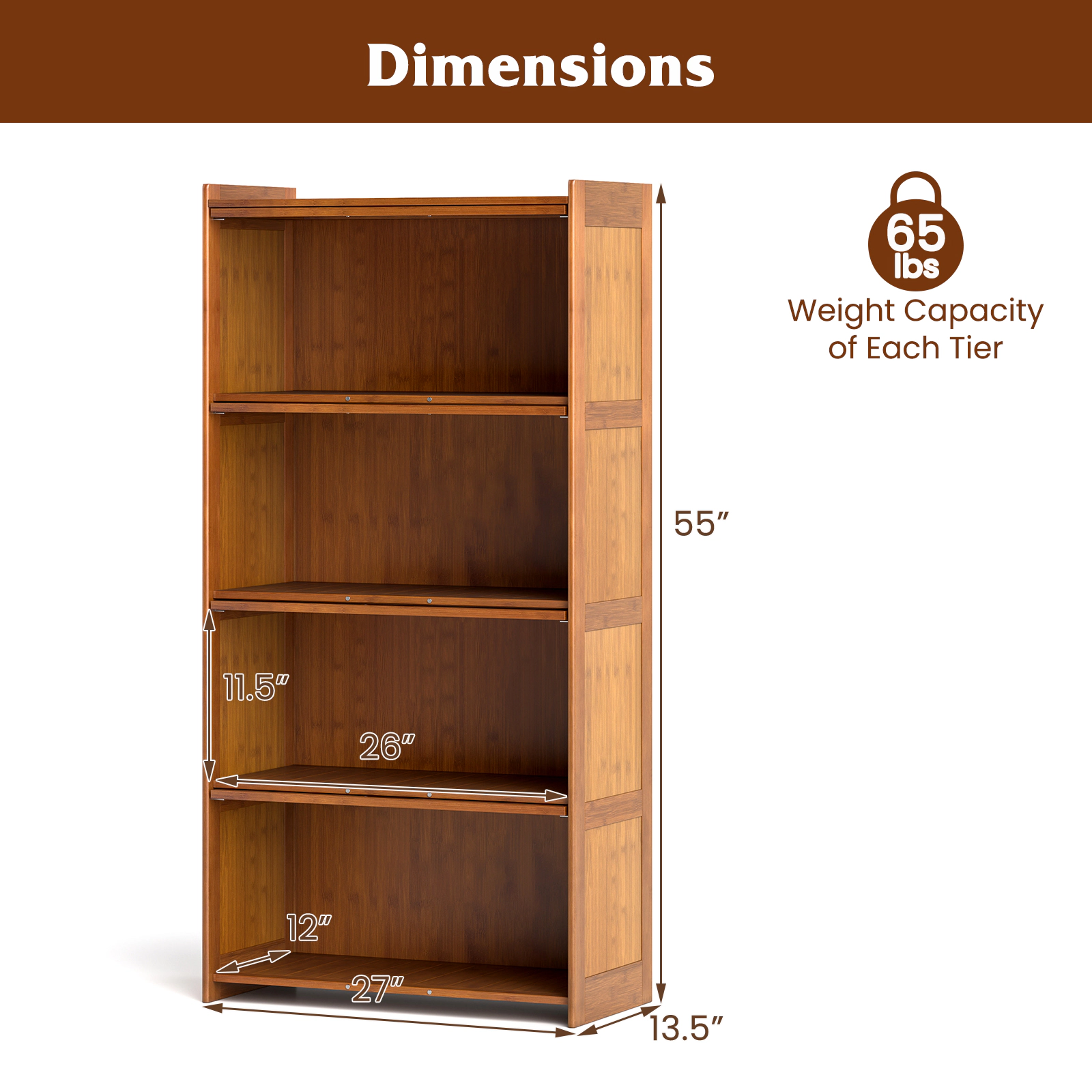 SUGIFT 4-Tier 55-in Tall Bamboo Bookshelf with Clear Acrylic Flip Doors and Anti-Tipping Kit for Study