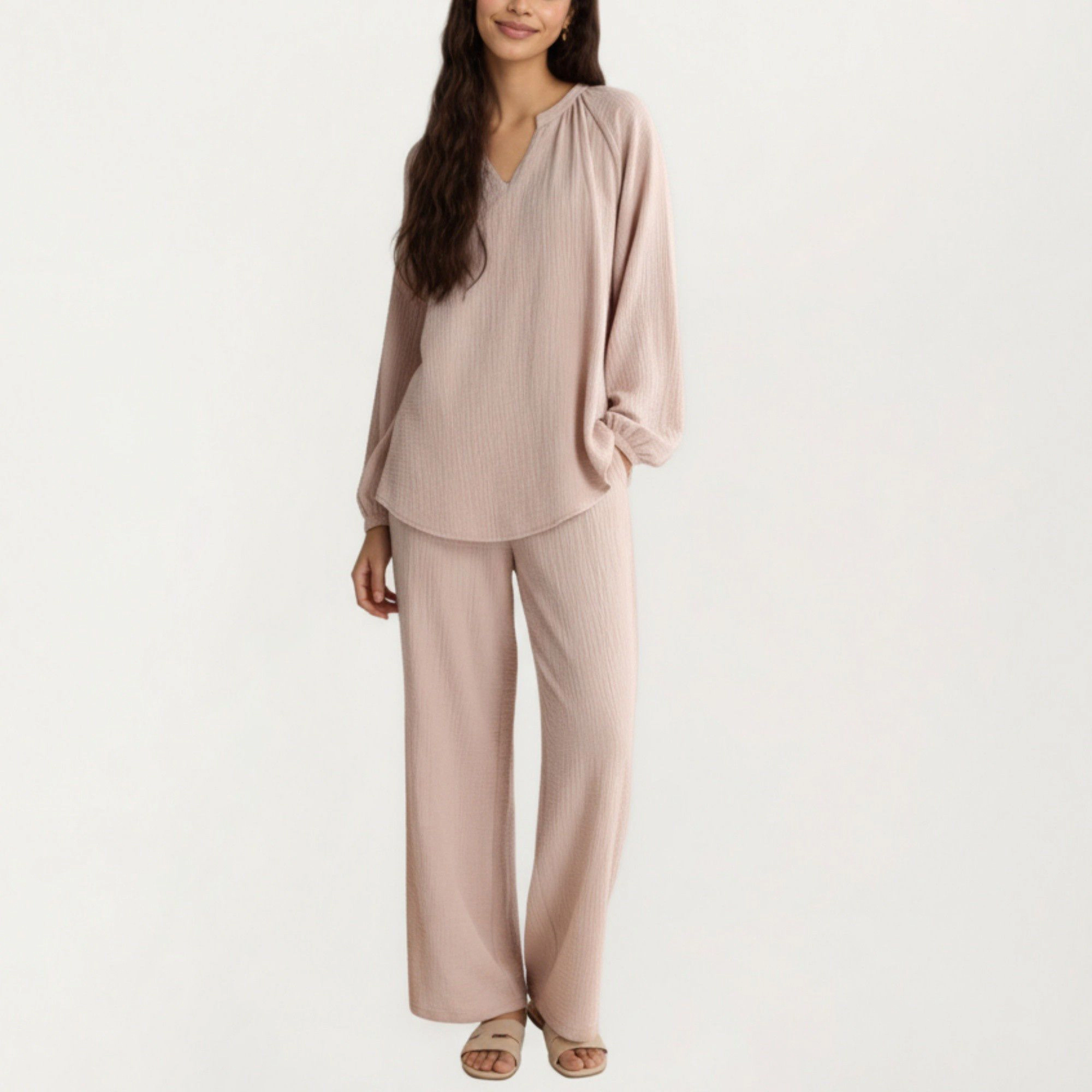 Anna-Kaci Women's 2-Piece Textured Long Sleeve V-Neck Top and Wide Leg Pants