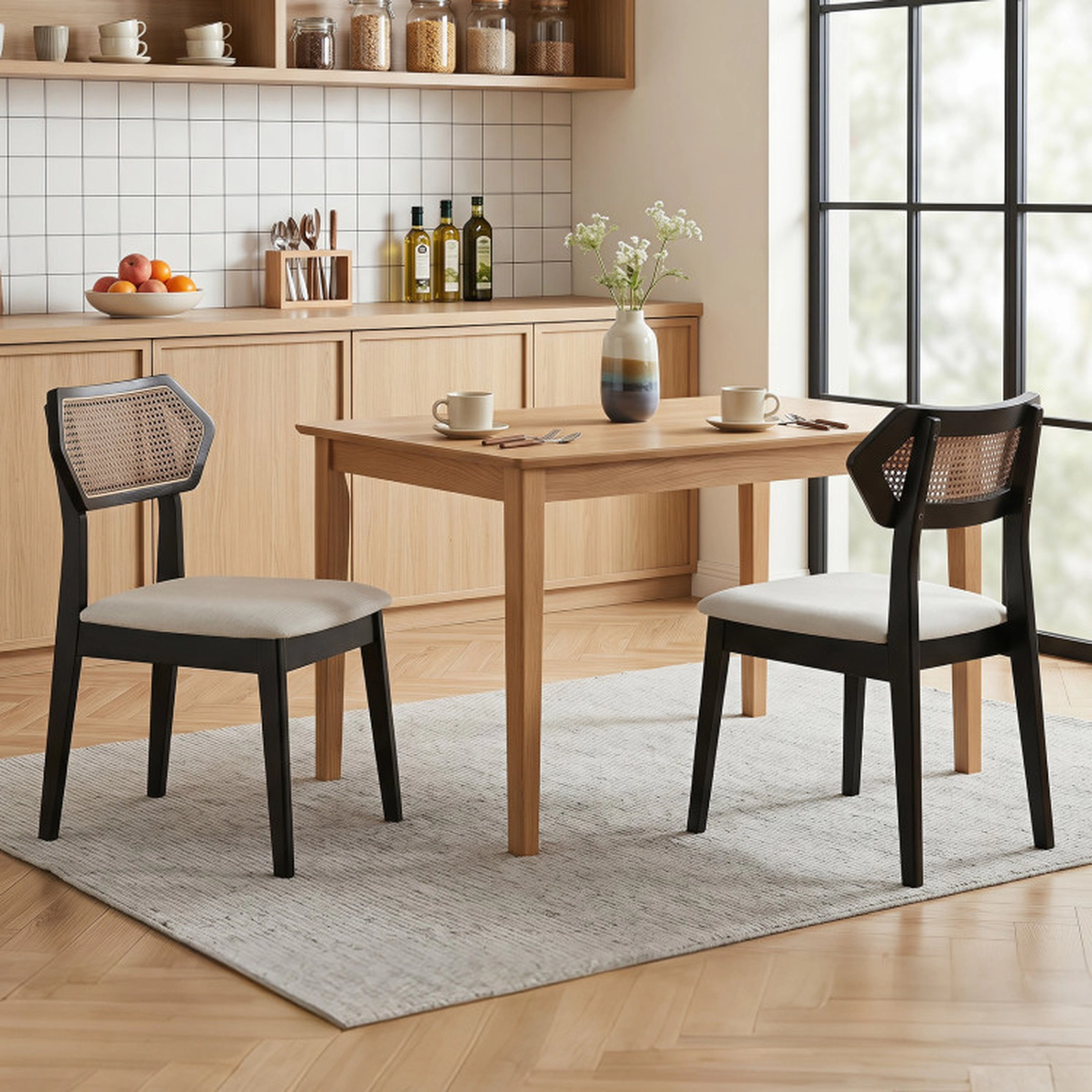 SUGIFT Black Mid Century Woven Rattan Back and Padded Fabric Seat Set of 4 Dining Chairs