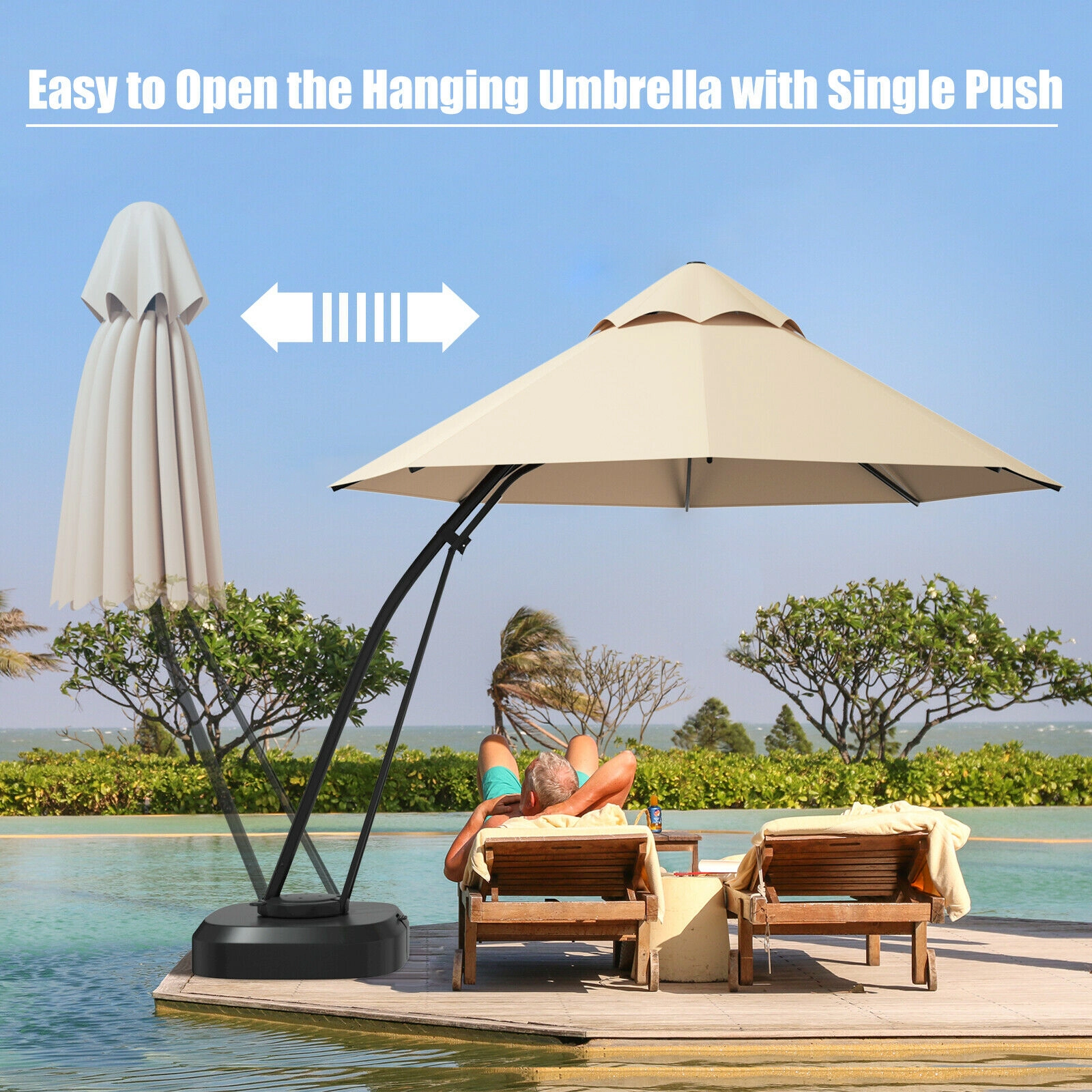 SUGIFT 11-ft Beige Offset Cantilever Patio Umbrella with Rolling 330-lb Weighted Base and 360 Rotation