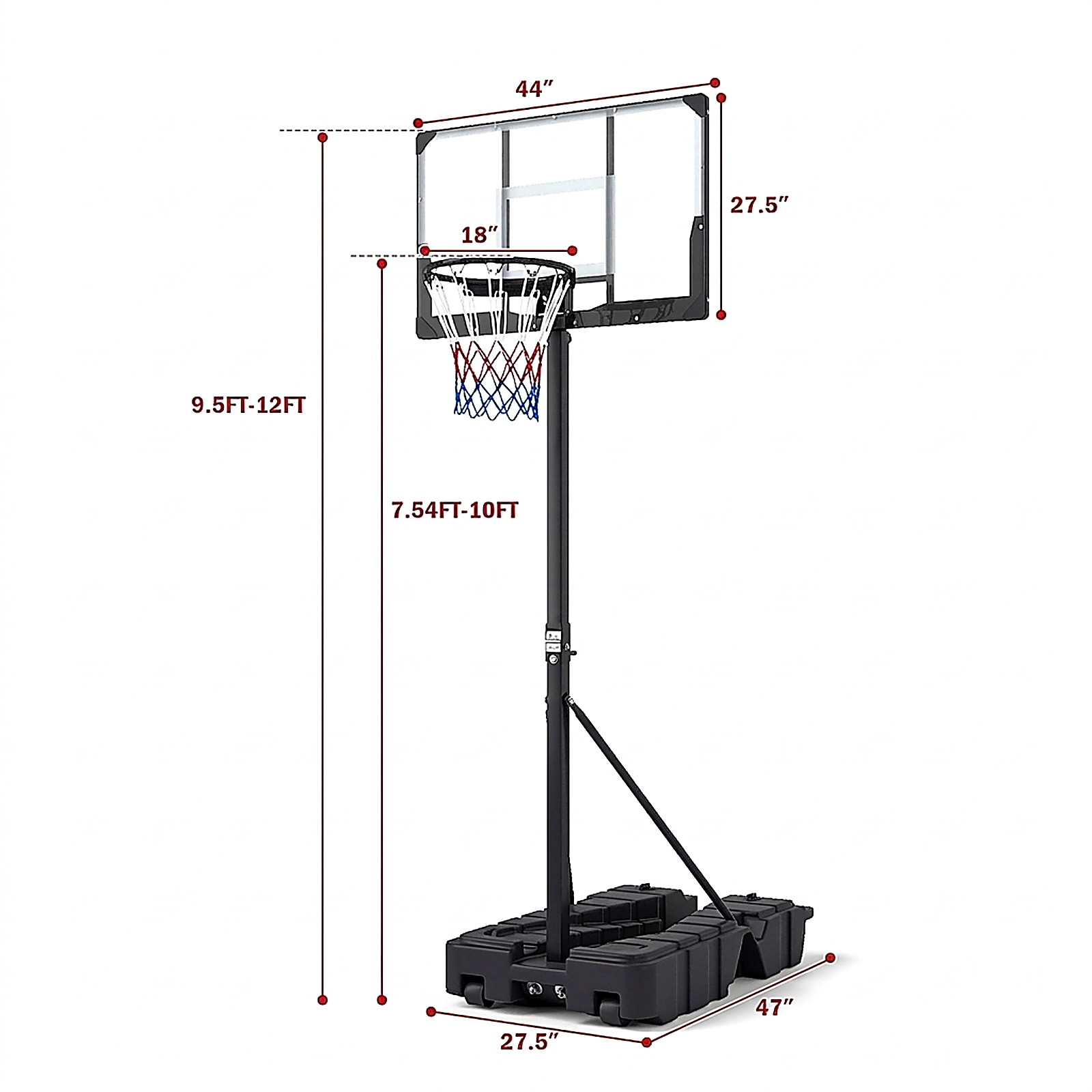 SUGIFT Black Foldable Basketball Hoop with Stepless Rotating Handle and PC Backboard 7.54-ft to 10-ft H 18-in Rim