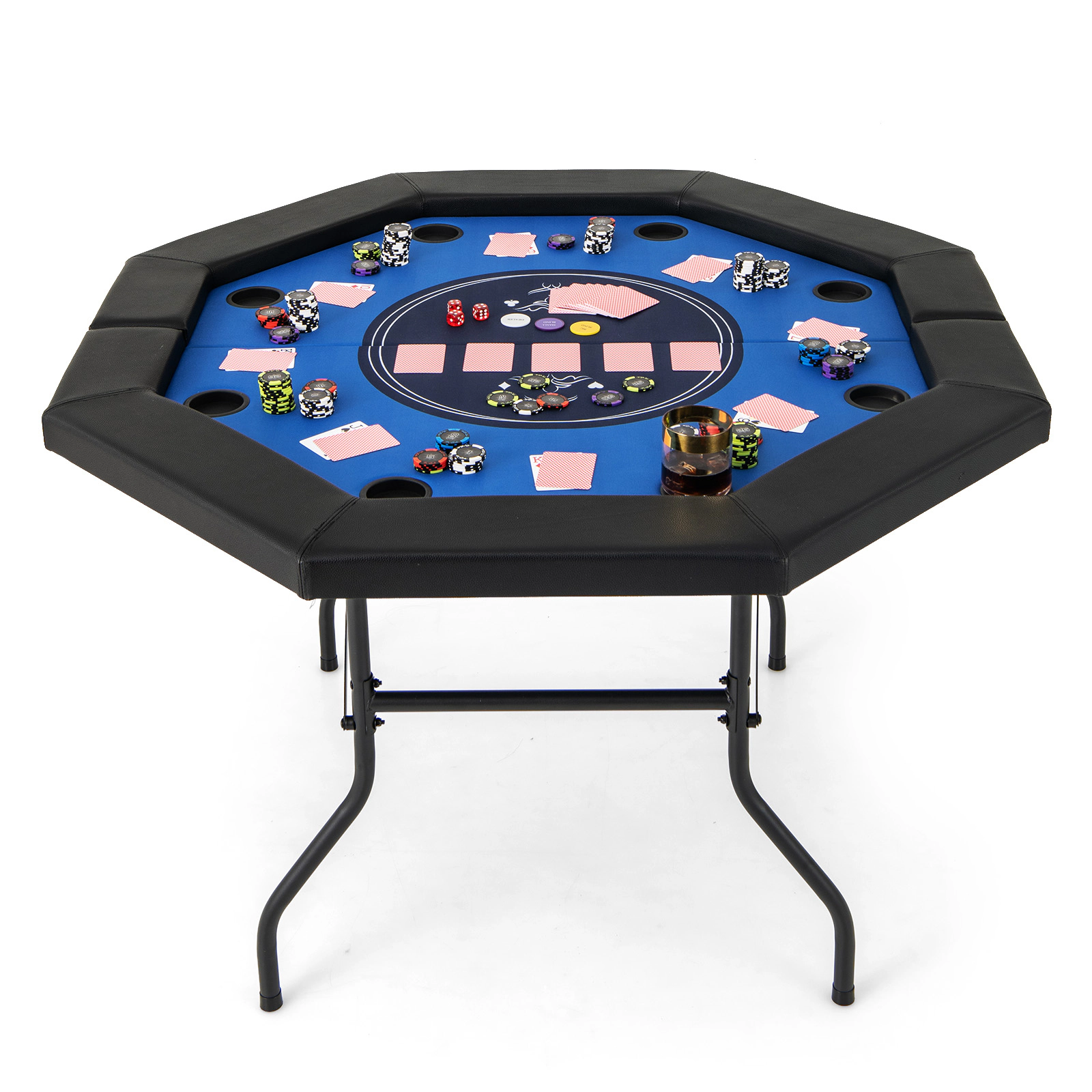 SUGIFT Foldable 48-in Poker Table with Padded Rails and Cup Holders 220-lb Capacity Blue