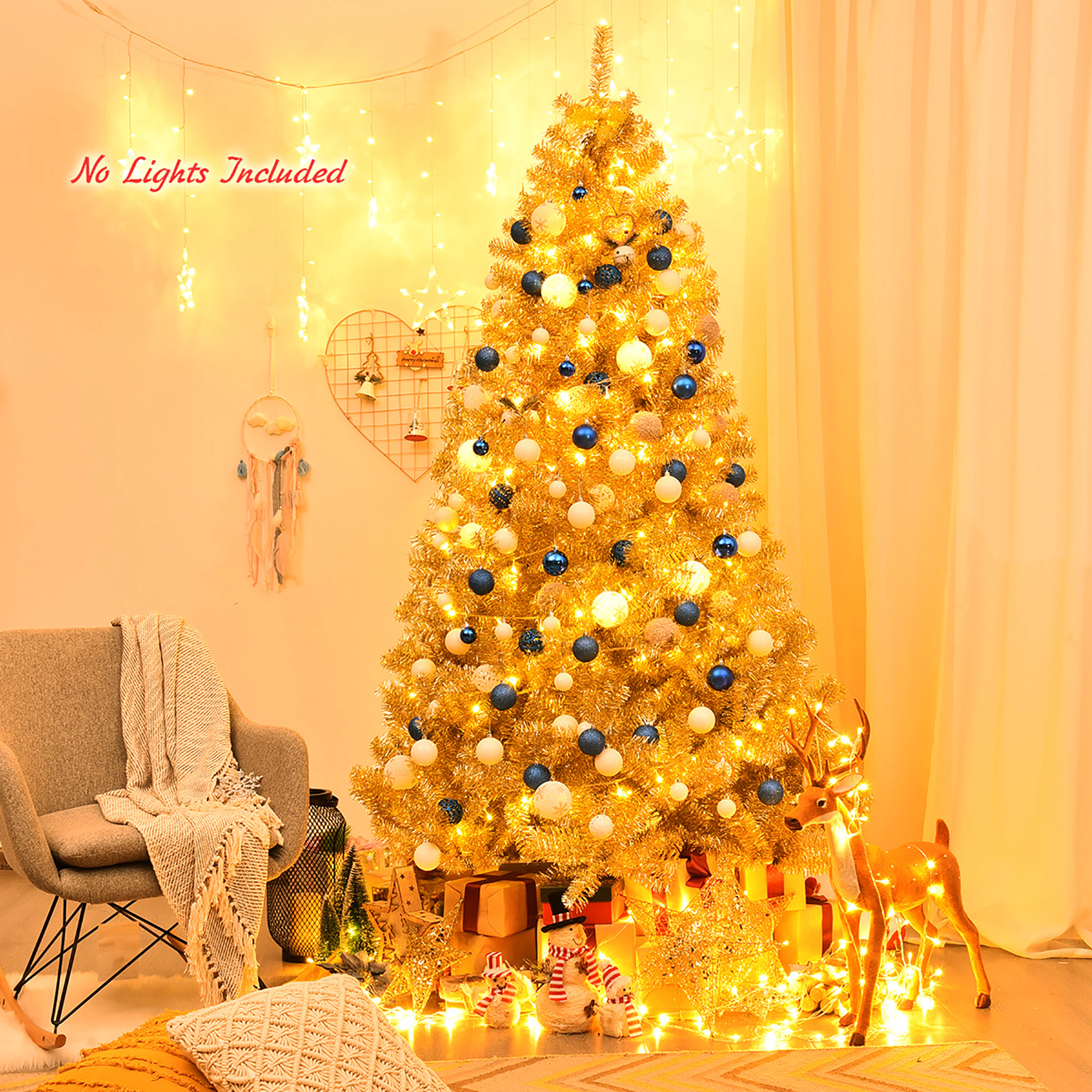 Costway 7.5ft Artificial Tinsel Christmas Tree w/1258 Tips Foldable Stand Champagne