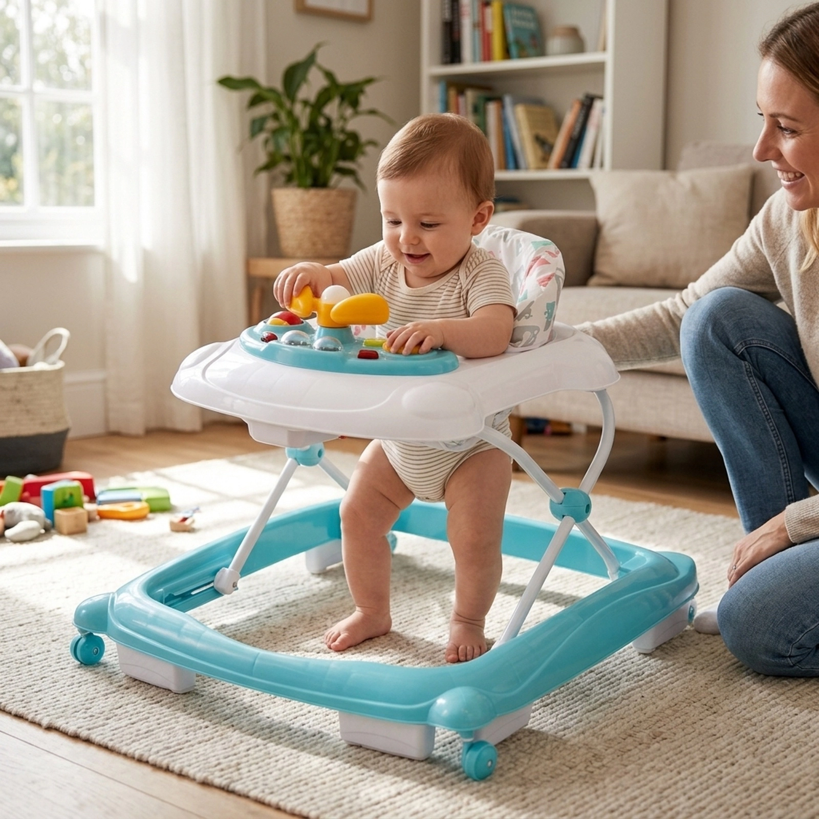 Foldable 3-Height Adjustable Baby Walker with Music Tray Padded Seat and Universal Wheels Green Sit-in Walker