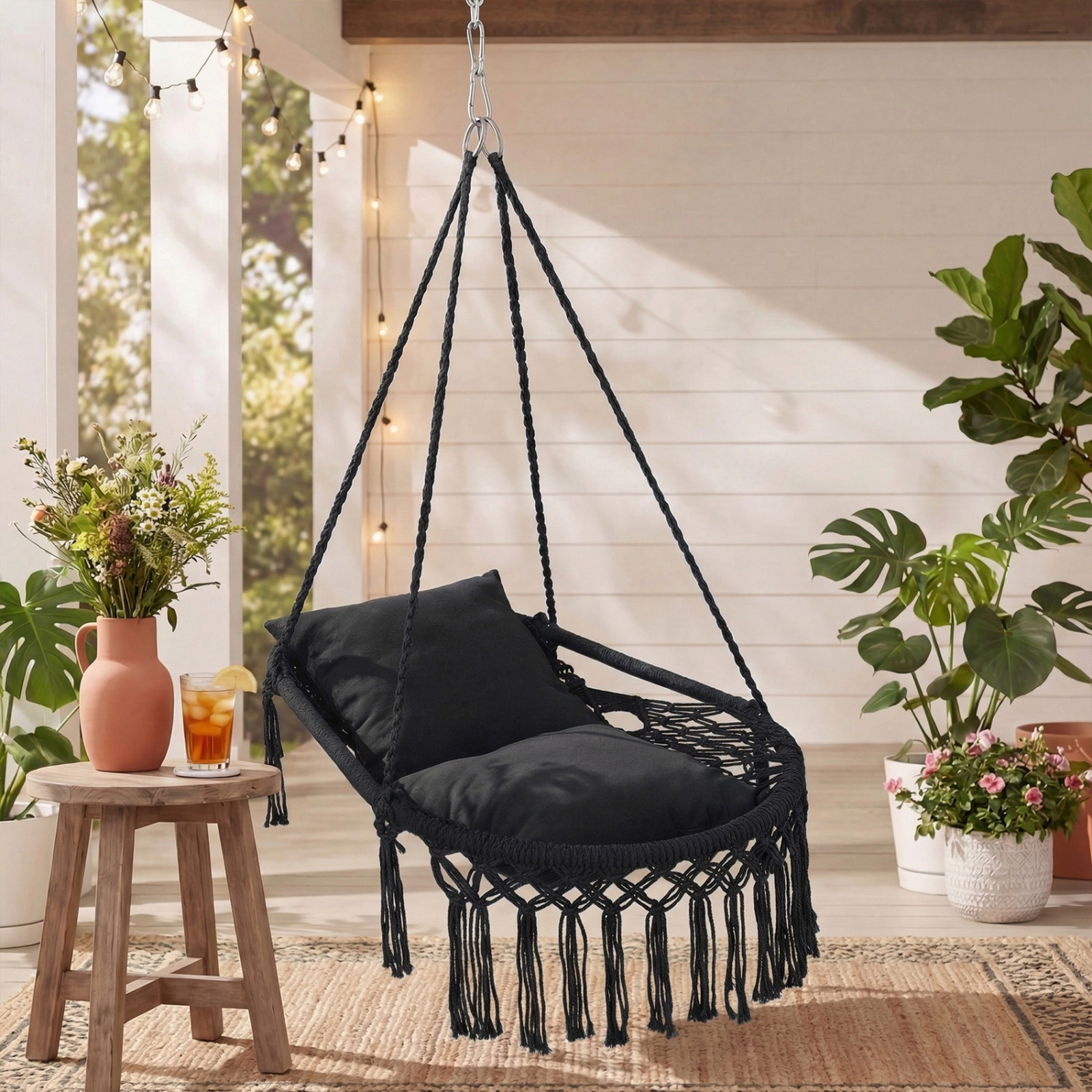 SUGIFT Black Cushioned Hanging Hammock Chair, 330-Lb Capacity, Foldable Frame, Indoor/Outdoor