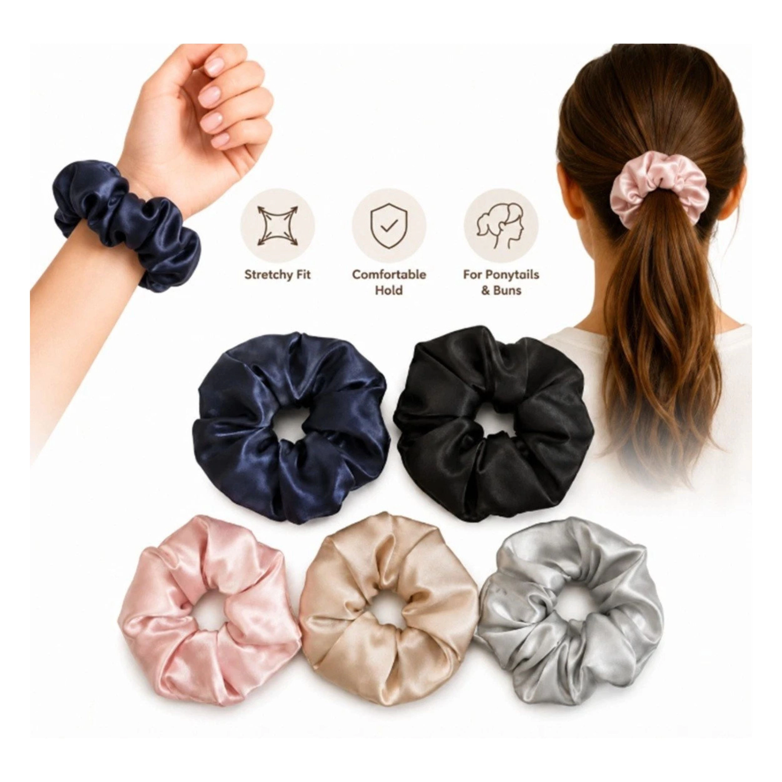 Home Collection Pack of 5 Satin Hair Scrunchies Soft Elastic Hair Ties for Women & Girls