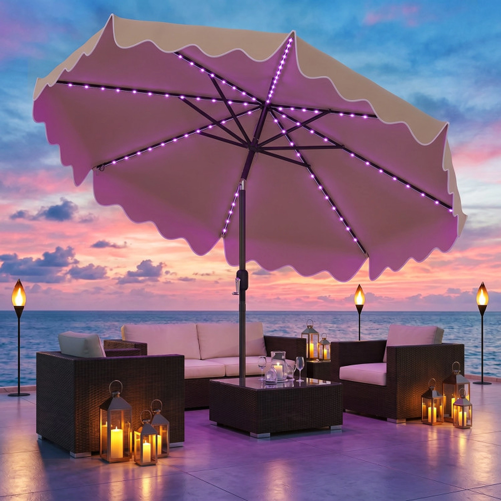 SUGIFT 10-ft Gray Solar Patio Umbrella with 112 Color-Changing LED Lights and Push Button Tilt 8.2-ft H