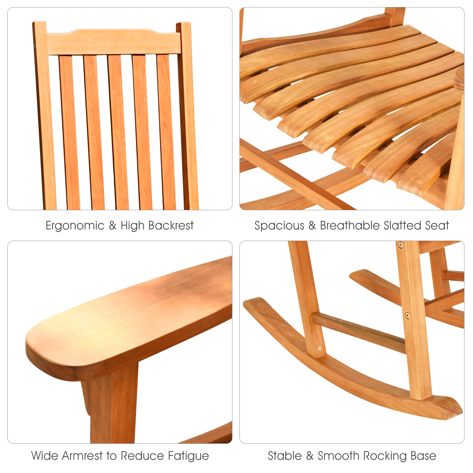 SUGIFT Eucalyptus Wood Slatted High Back Outdoor Patio Rocking Chair 33-in x 28.5-in x 45-in 350-lb Capacity Natural
