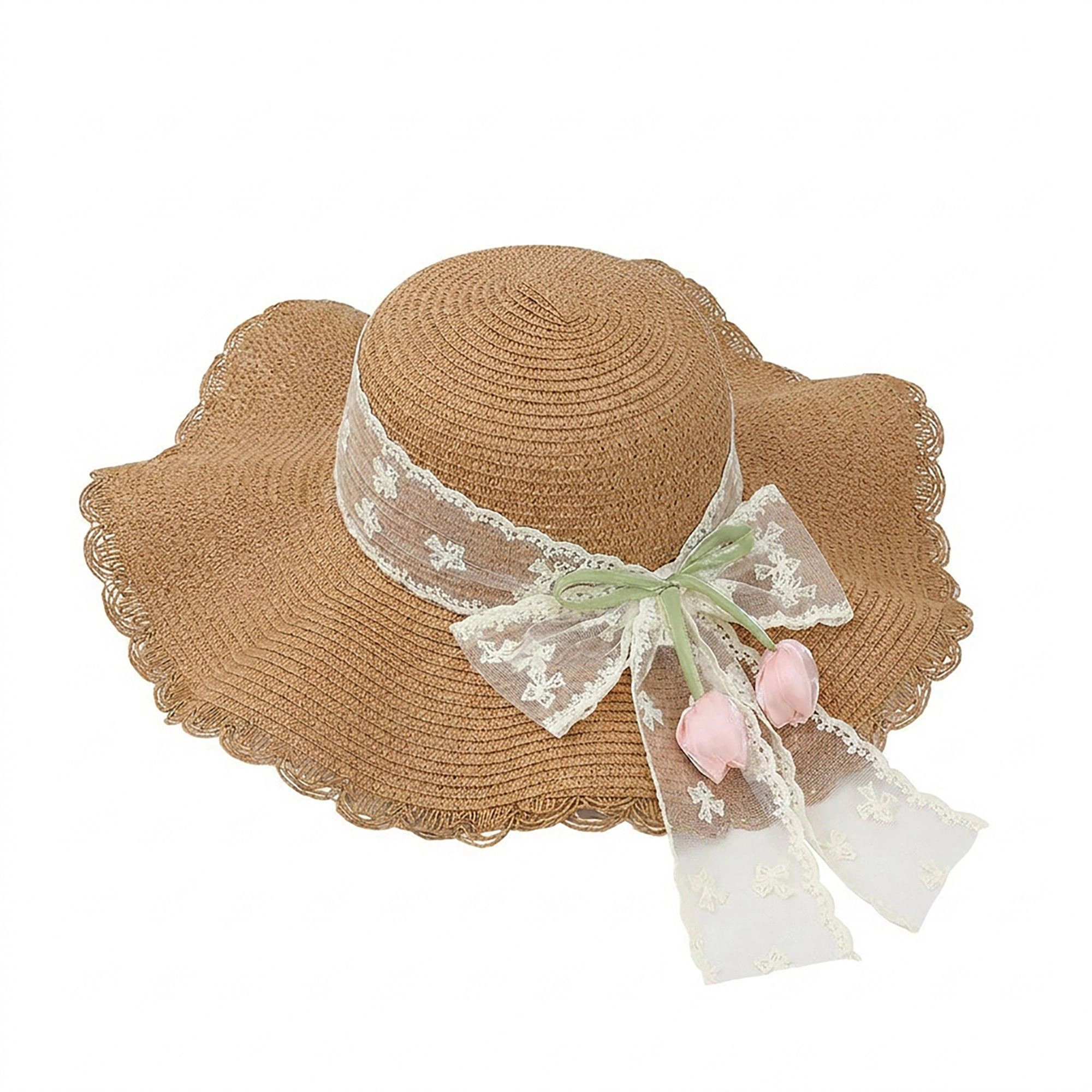 Anna-Kaci Women's Wide Brim Straw Sun Hat with Scalloped Edge Lace Bow and Floral Accent