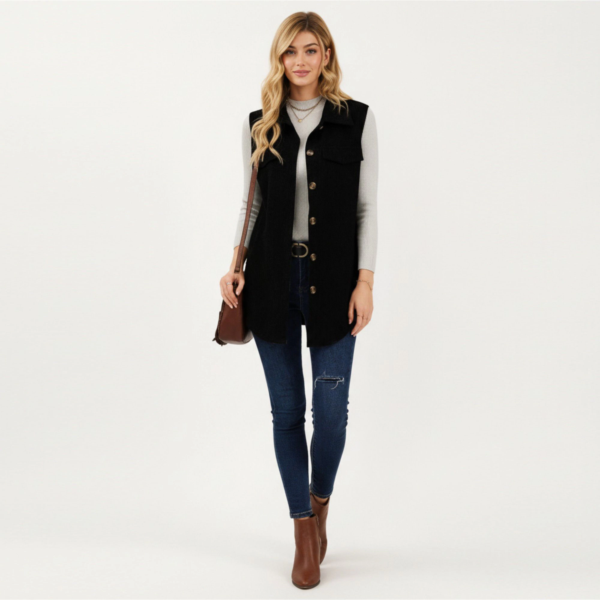 Anna-Kaci Women's Textured Button Front Vest with Collared Neckline, Chest Flap Pockets, and Relaxed Longline Fit