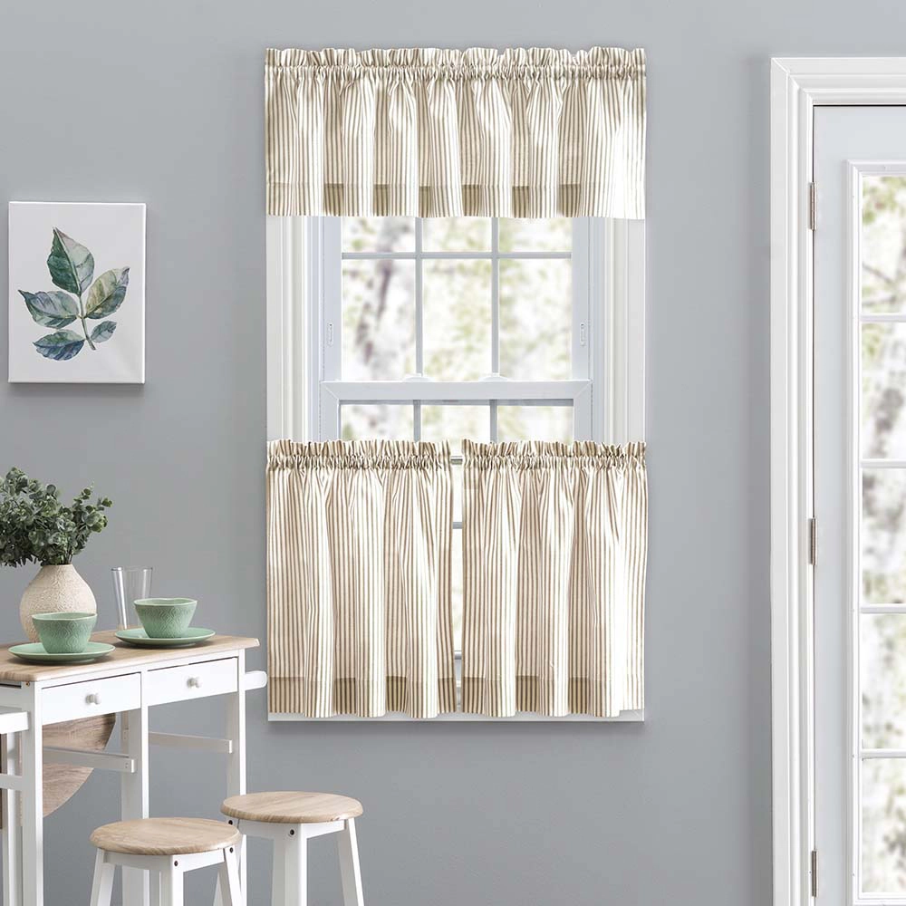 Ellis Curtain Plaza Classic Ticking Stripe Printed 1.5" Rod Pocket Tailored Tiers 56" x 24" Tan