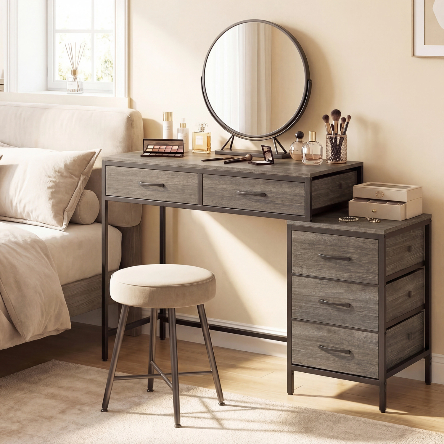 LJG Computer Desk with 5 Drawers and Printer Stand for Bedroom Small Spaces