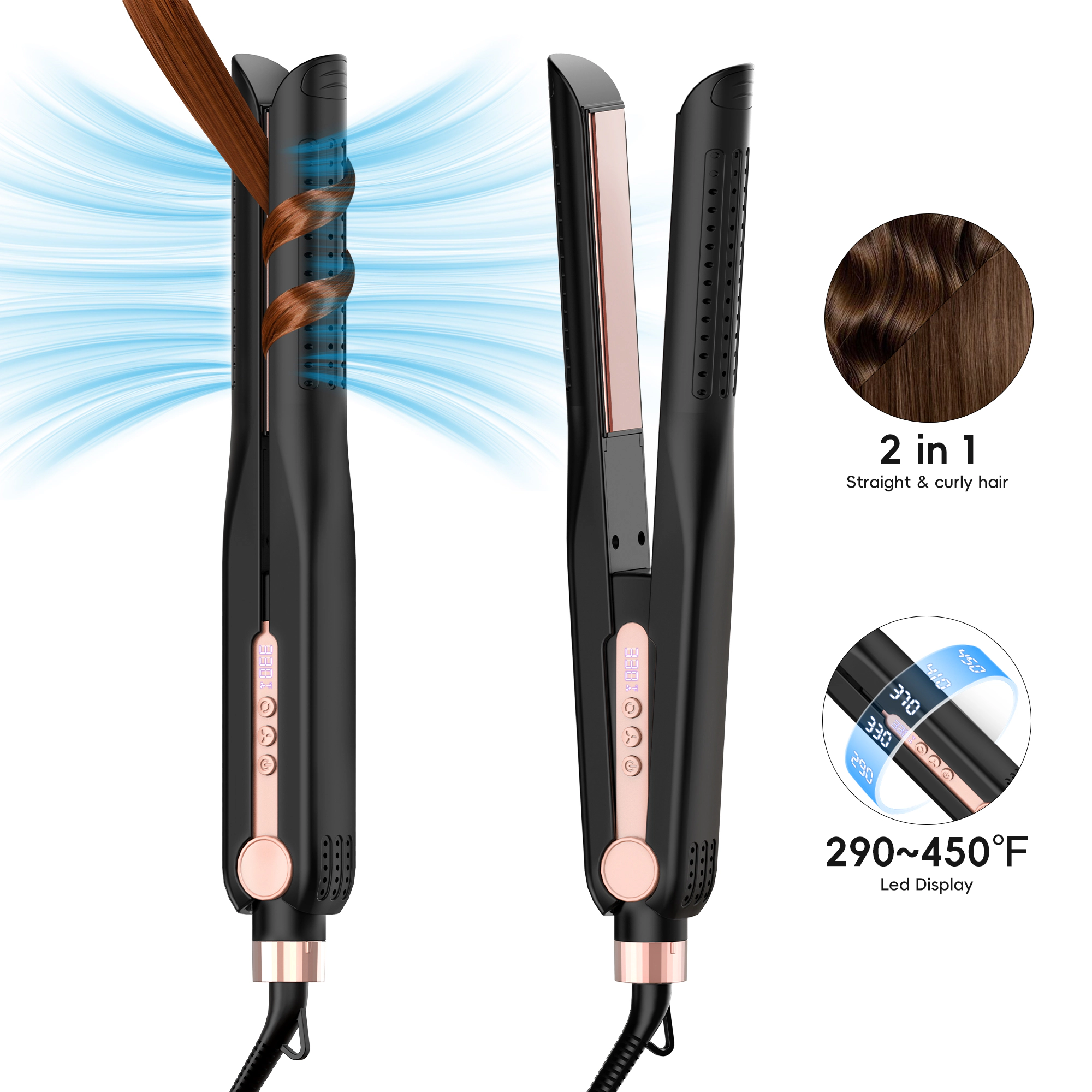 NICEBAY Airflow Styler, Titanium Hair Straightener & Curling Iron with Cooling Air Vents, 5 Temps, Dual Voltage